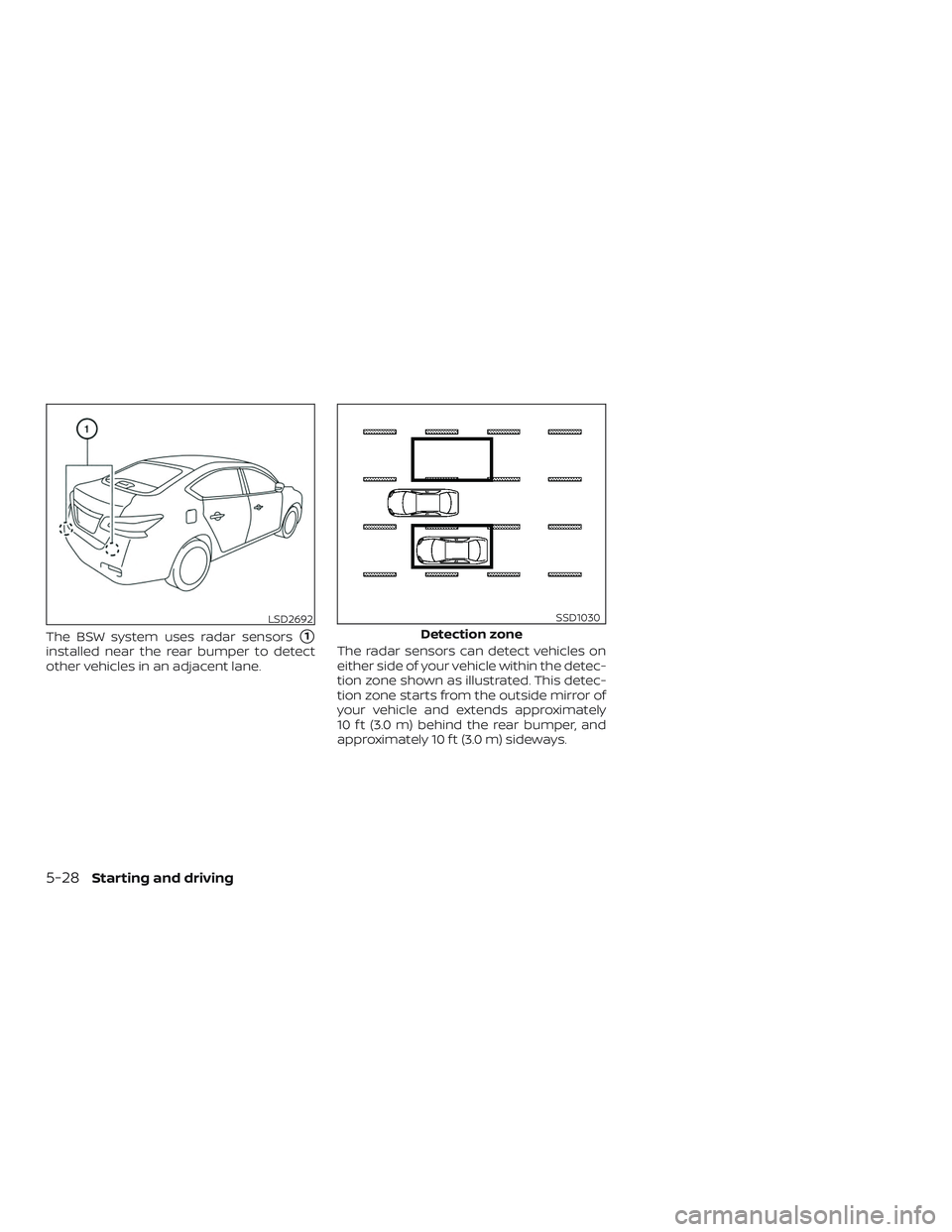 NISSAN SENTRA 2018  Owner´s Manual The BSW system uses radar sensors1
installed near the rear bumper to detect
other vehicles in an adjacent lane.The radar sensors can detect vehicles on
either side of your vehicle within the detec-
t