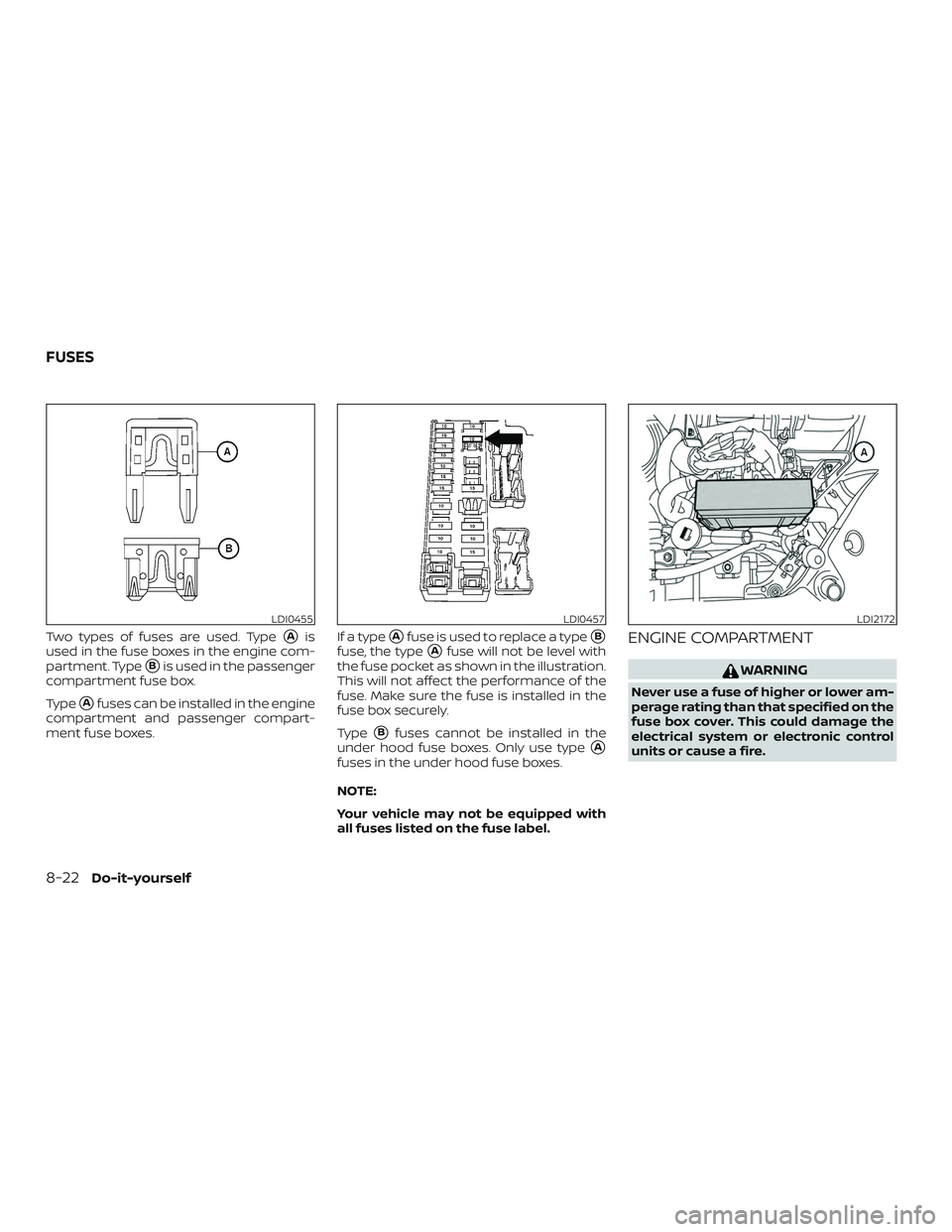 NISSAN SENTRA 2018  Owner´s Manual Two types of fuses are used. TypeAis
used in the fuse boxes in the engine com-
partment. Type
Bis used in the passenger
compartment fuse box.
Type
Afuses can be installed in the engine
compartment 