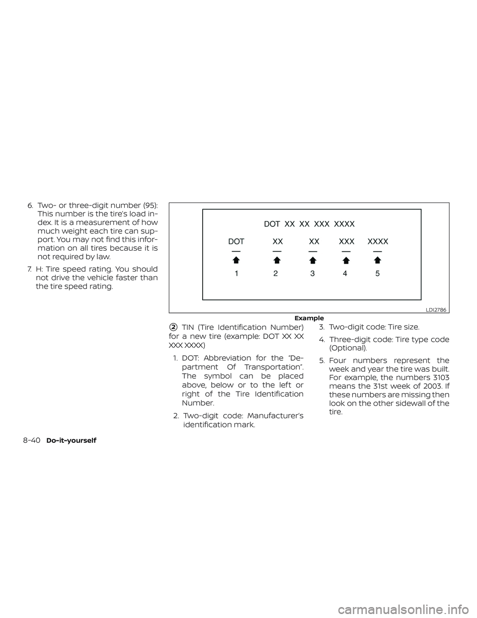 NISSAN SENTRA 2018  Owner´s Manual 6. Two- or three-digit number (95):This number is the tire’s load in-
dex. It is a measurement of how
much weight each tire can sup-
port. You may not find this infor-
mation on all tires because it