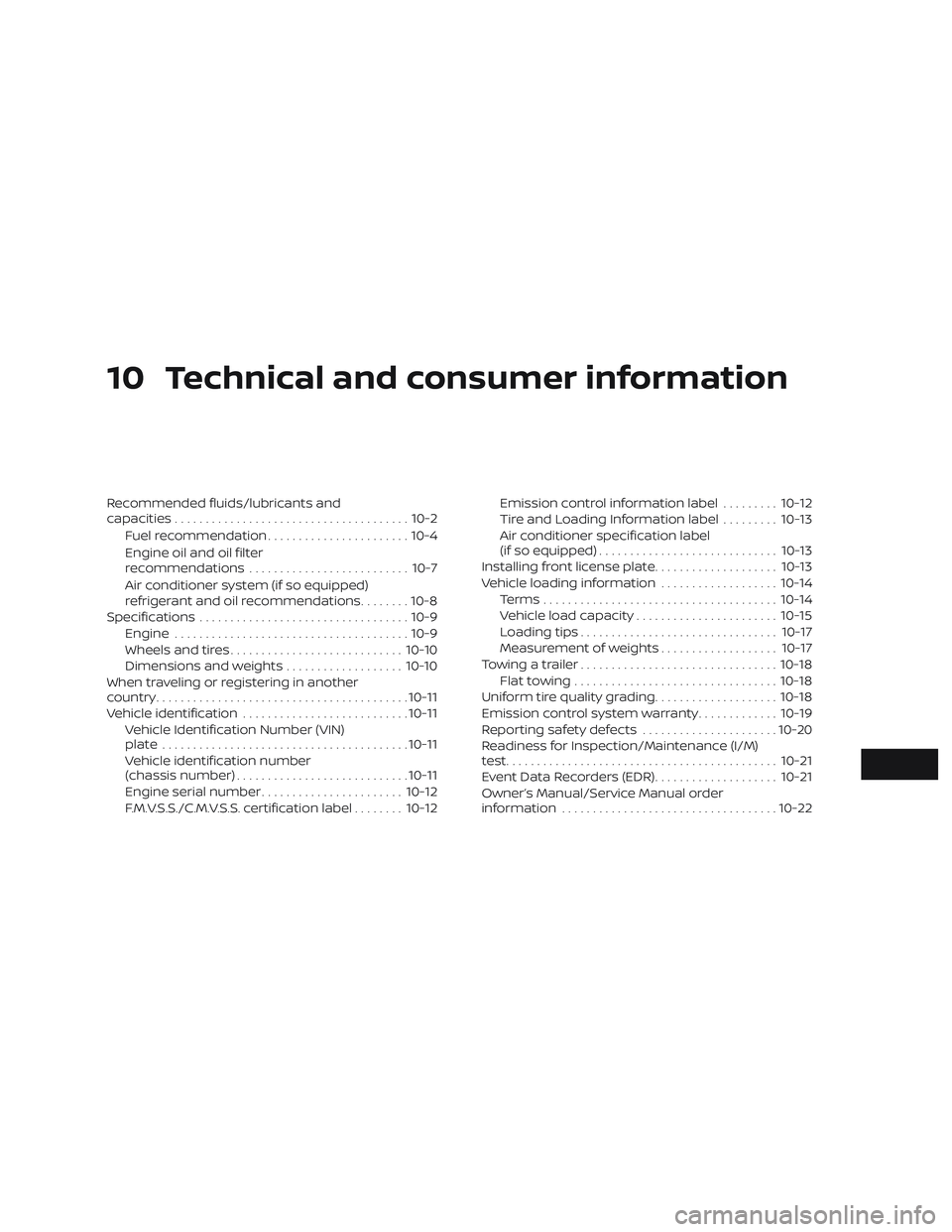 NISSAN SENTRA 2018 Owner´s Manual 10 Technical and consumer information
Recommended fluids/lubricants and
capacities...................................... 10-2
Fuel recommendation ....................... 10-4
Engine oil and oil filter NISSAN SENTRA 2018 Owner´s Manual 10 Technical and consumer information
Recommended fluids/lubricants and
capacities...................................... 10-2
Fuel recommendation ....................... 10-4
Engine oil and oil filter