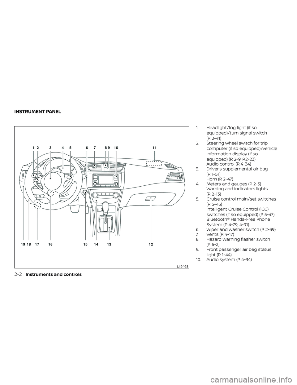 NISSAN SENTRA 2018 Owner´s Manual 1. Headlight/fog light (if soequipped)/turn signal switch
(P. 2-41)
2. Steering wheel switch for trip
computer (if so equipped)/vehicle
information display (if so
equipped) (P. 2-9, P.2-23)
Audio cont NISSAN SENTRA 2018 Owner´s Manual 1. Headlight/fog light (if soequipped)/turn signal switch
(P. 2-41)
2. Steering wheel switch for trip
computer (if so equipped)/vehicle
information display (if so
equipped) (P. 2-9, P.2-23)
Audio cont