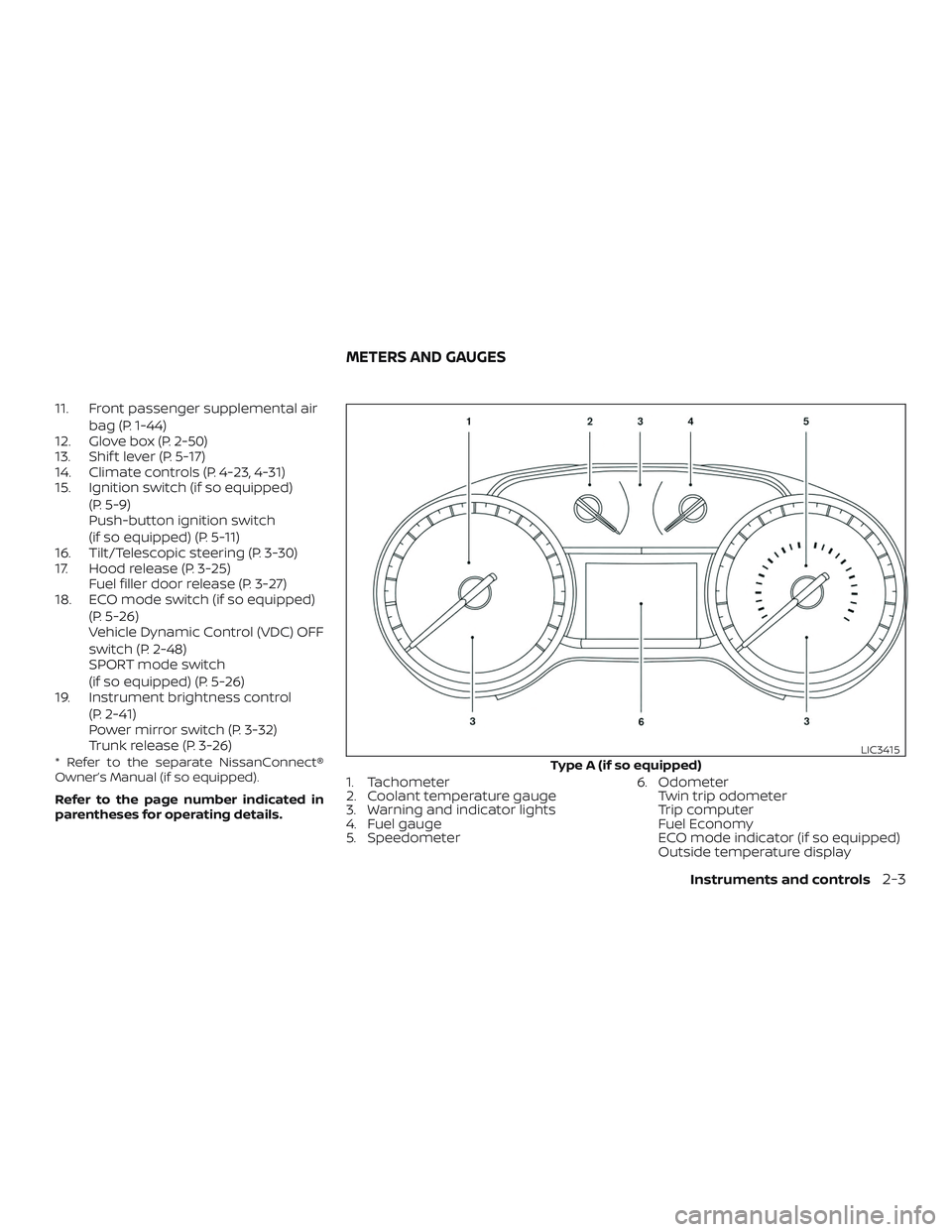 NISSAN SENTRA 2018 Owner´s Manual 11. Front passenger supplemental airbag (P. 1-44)
12. Glove box (P. 2-50)
13. Shif t lever (P. 5-17)
14. Climate controls (P. 4-23, 4-31)
15. Ignition switch (if so equipped)
(P. 5-9)
Push-button igni NISSAN SENTRA 2018 Owner´s Manual 11. Front passenger supplemental airbag (P. 1-44)
12. Glove box (P. 2-50)
13. Shif t lever (P. 5-17)
14. Climate controls (P. 4-23, 4-31)
15. Ignition switch (if so equipped)
(P. 5-9)
Push-button igni