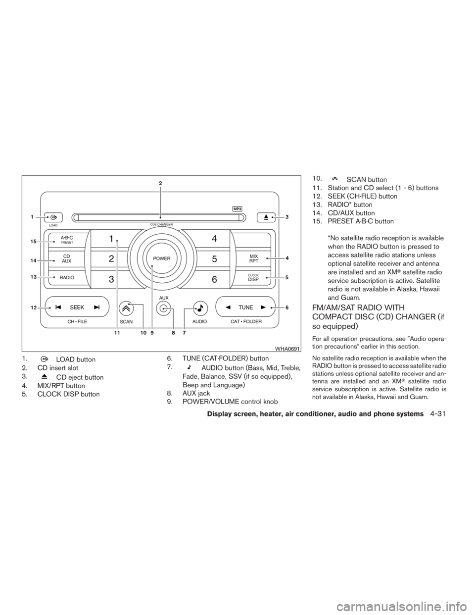 NISSAN SENTRA 2009  Owner´s Manual 1.LOAD button
2. CD insert slot
3.
CD eject button
4. MIX/RPT button
5. CLOCK DISP button6. TUNE (CAT·FOLDER) button
7.
AUDIO button (Bass, Mid, Treble,
Fade, Balance, SSV (if so equipped) ,
Beep and