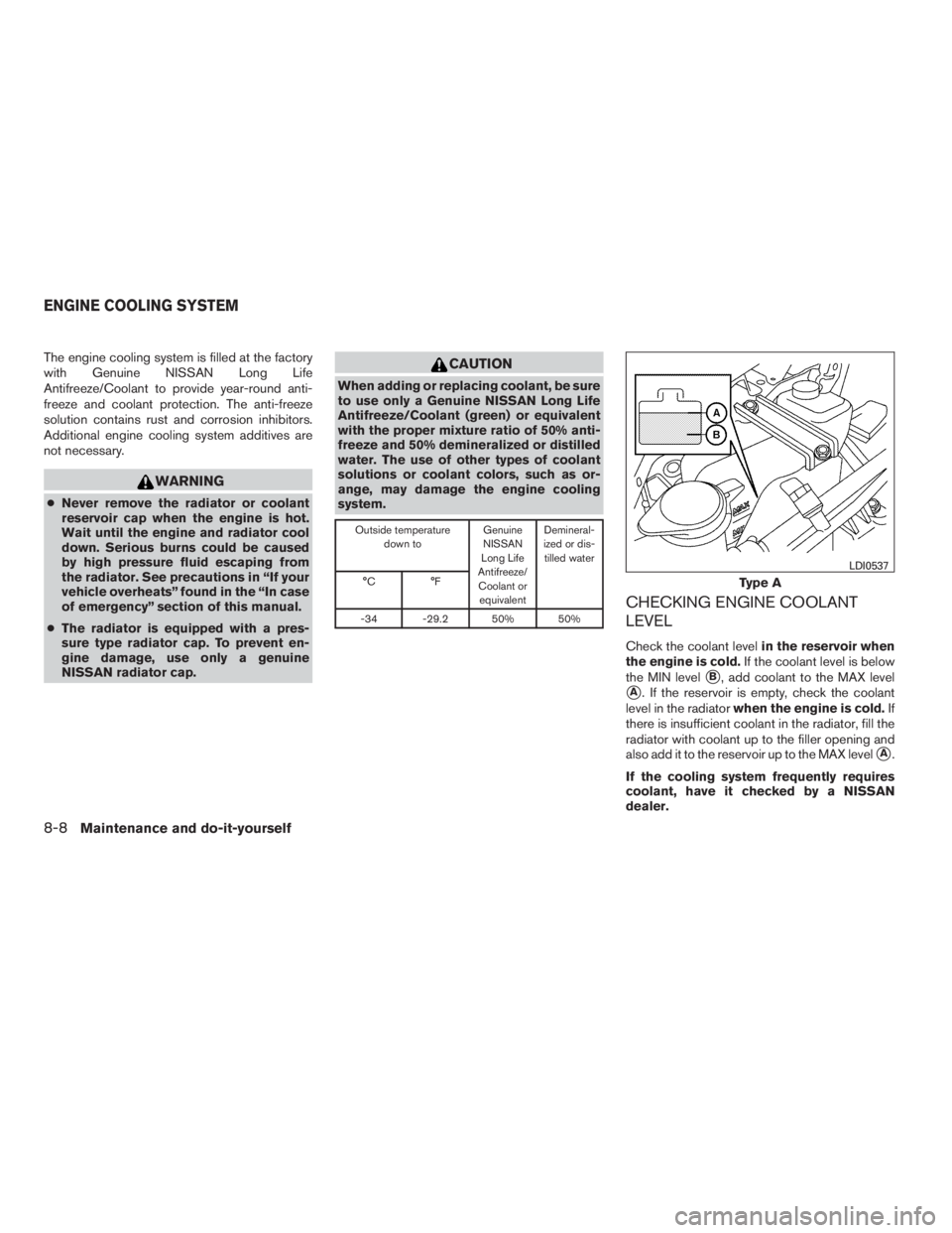 NISSAN SENTRA 2009  Owner´s Manual The engine cooling system is filled at the factory
with Genuine NISSAN Long Life
Antifreeze/Coolant to provide year-round anti-
freeze and coolant protection. The anti-freeze
solution contains rust an