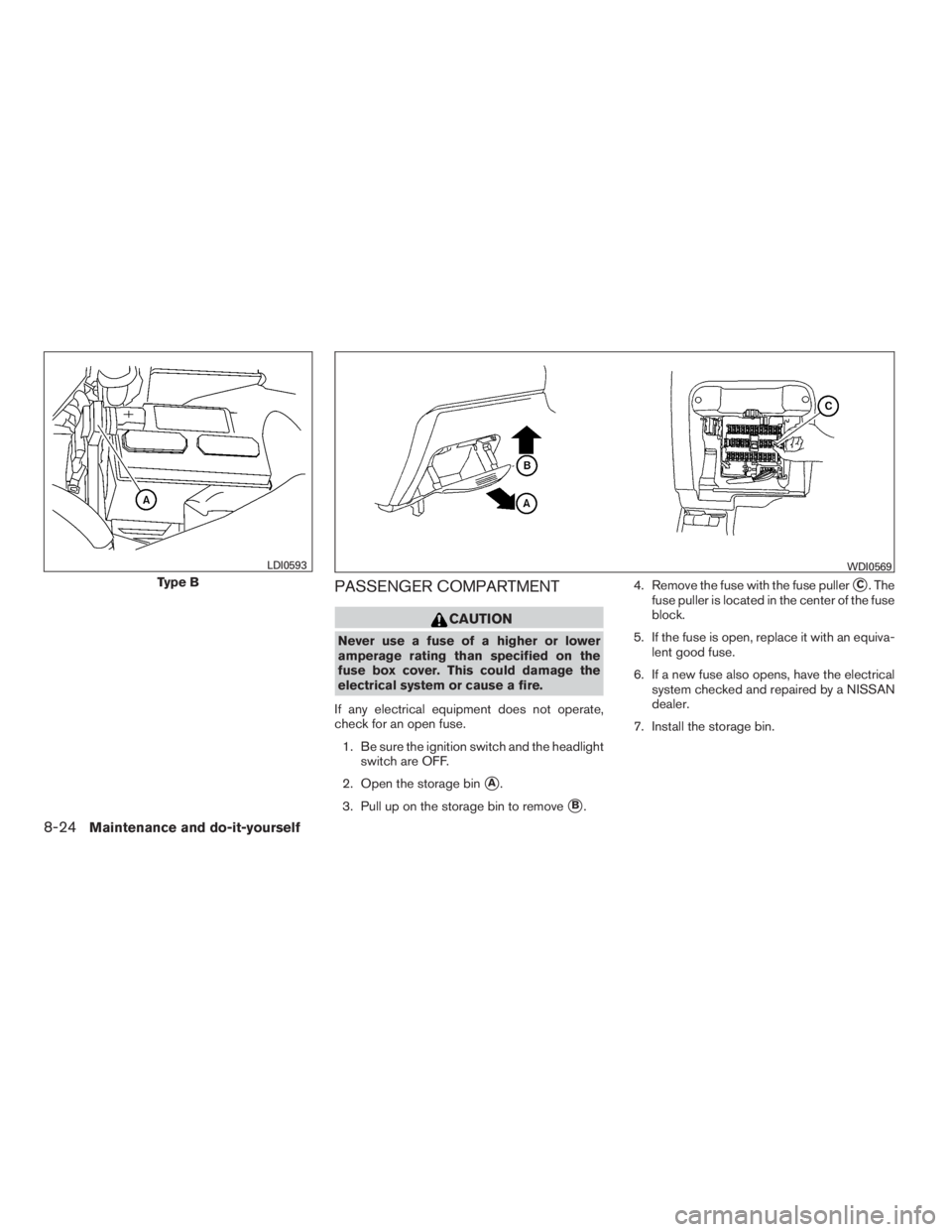 NISSAN SENTRA 2009  Owner´s Manual PASSENGER COMPARTMENT
CAUTION
Never use a fuse of a higher or lower
amperage rating than specified on the
fuse box cover. This could damage the
electrical system or cause a fire.
If any electrical equ