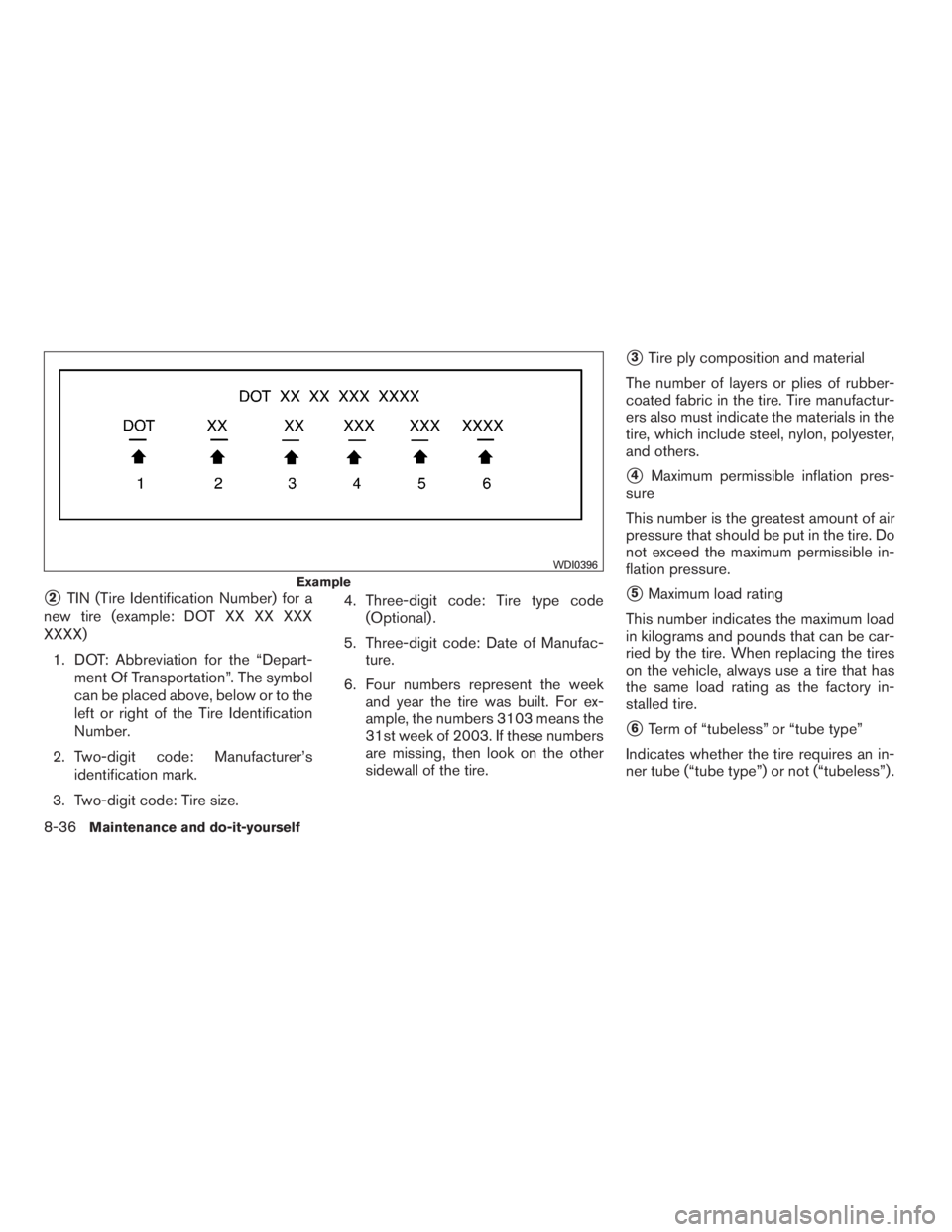 NISSAN SENTRA 2009  Owner´s Manual 2TIN (Tire Identification Number) for a
new tire (example: DOT XX XX XXX
XXXX)
1. DOT: Abbreviation for the “Depart-
ment Of Transportation”. The symbol
can be placed above, below or to the
left 