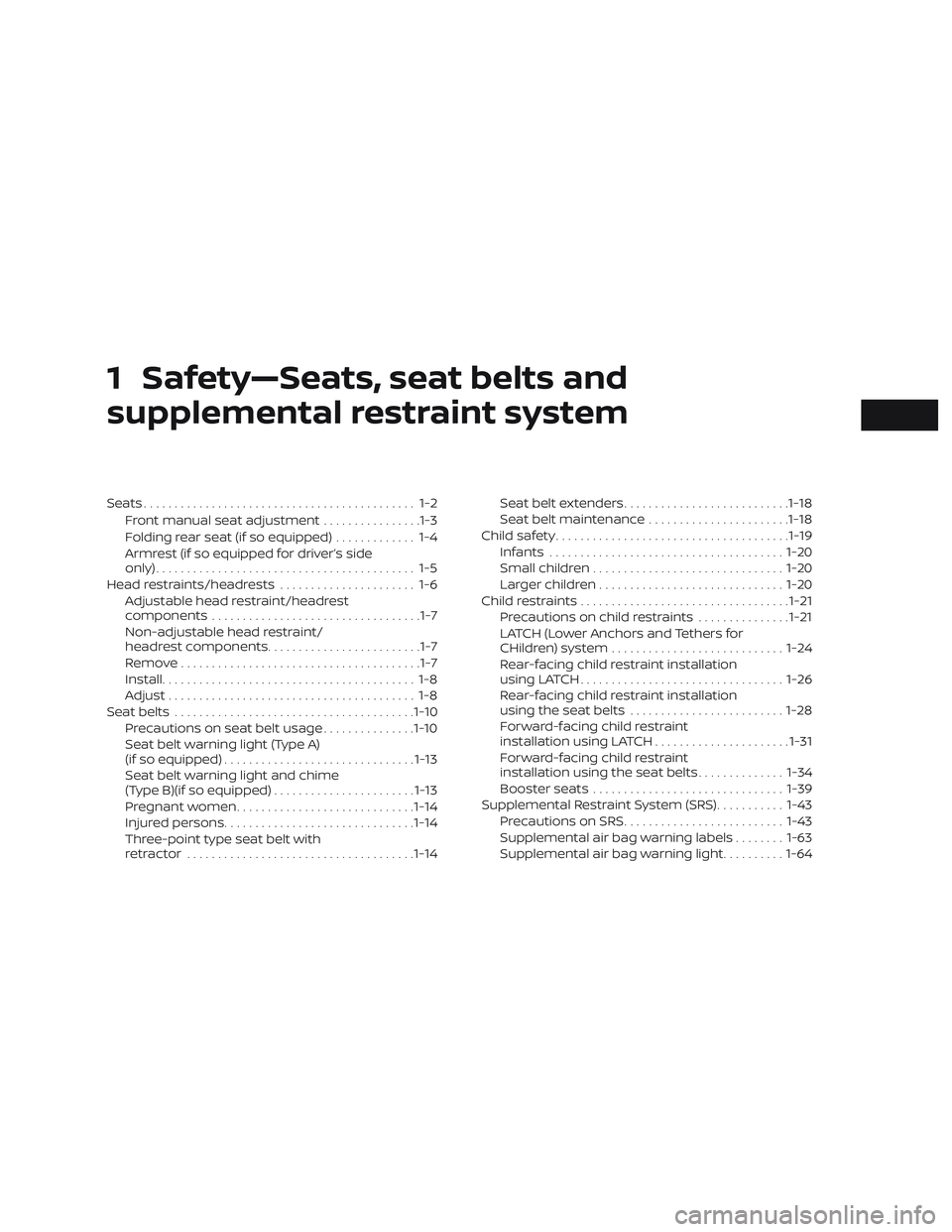 NISSAN VERSA SEDAN 2020  Owner´s Manual 1 Safety—Seats, seat belts and
supplemental restraint system
Seats............................................ 1-2Front manual seat adjustment ................1-3
Folding rear seat (if so equipped) 