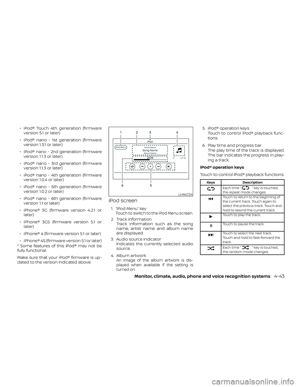 NISSAN VERSA SEDAN 2020  Owner´s Manual ∙ iPod® Touch 4th generation (firmwareversion 5.1 or later)
∙ iPod® nano - 1st generation (firmware version 1.3.1 or later)
∙ iPod® nano - 2nd generation (firmware version 1.1.3 or later)
∙