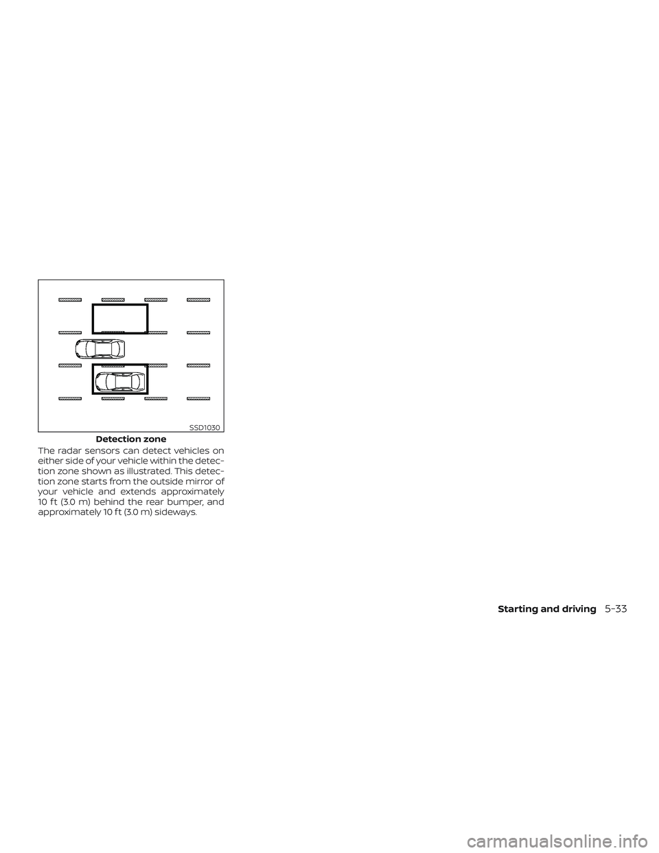 NISSAN VERSA NOTE 2020  Owner´s Manual The radar sensors can detect vehicles on
either side of your vehicle within the detec-
tion zone shown as illustrated. This detec-
tion zone starts from the outside mirror of
your vehicle and extends 