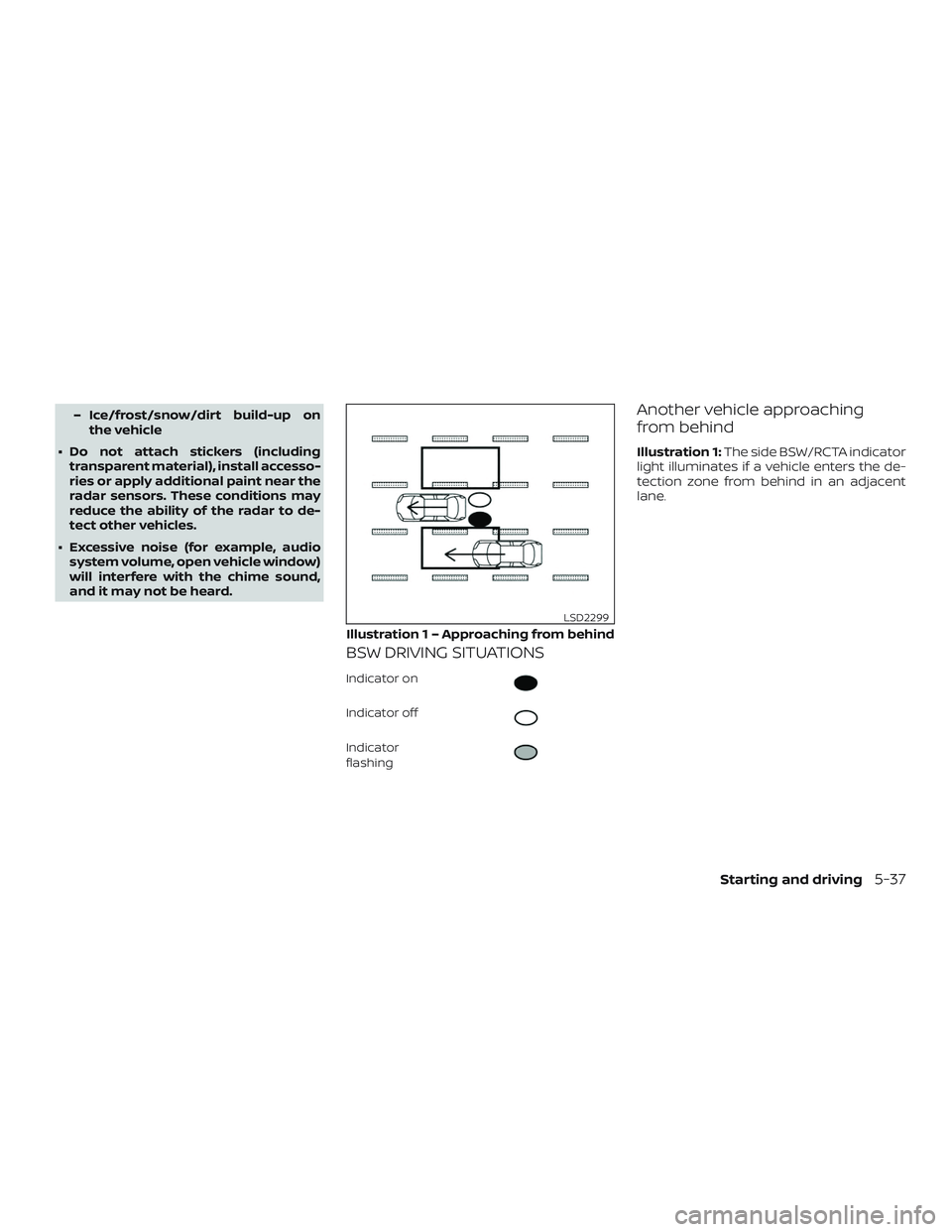 NISSAN VERSA NOTE 2020  Owner´s Manual – Ice/frost/snow/dirt build-up onthe vehicle
∙ Do not attach stickers (including transparent material), install accesso-
ries or apply additional paint near the
radar sensors. These conditions may
