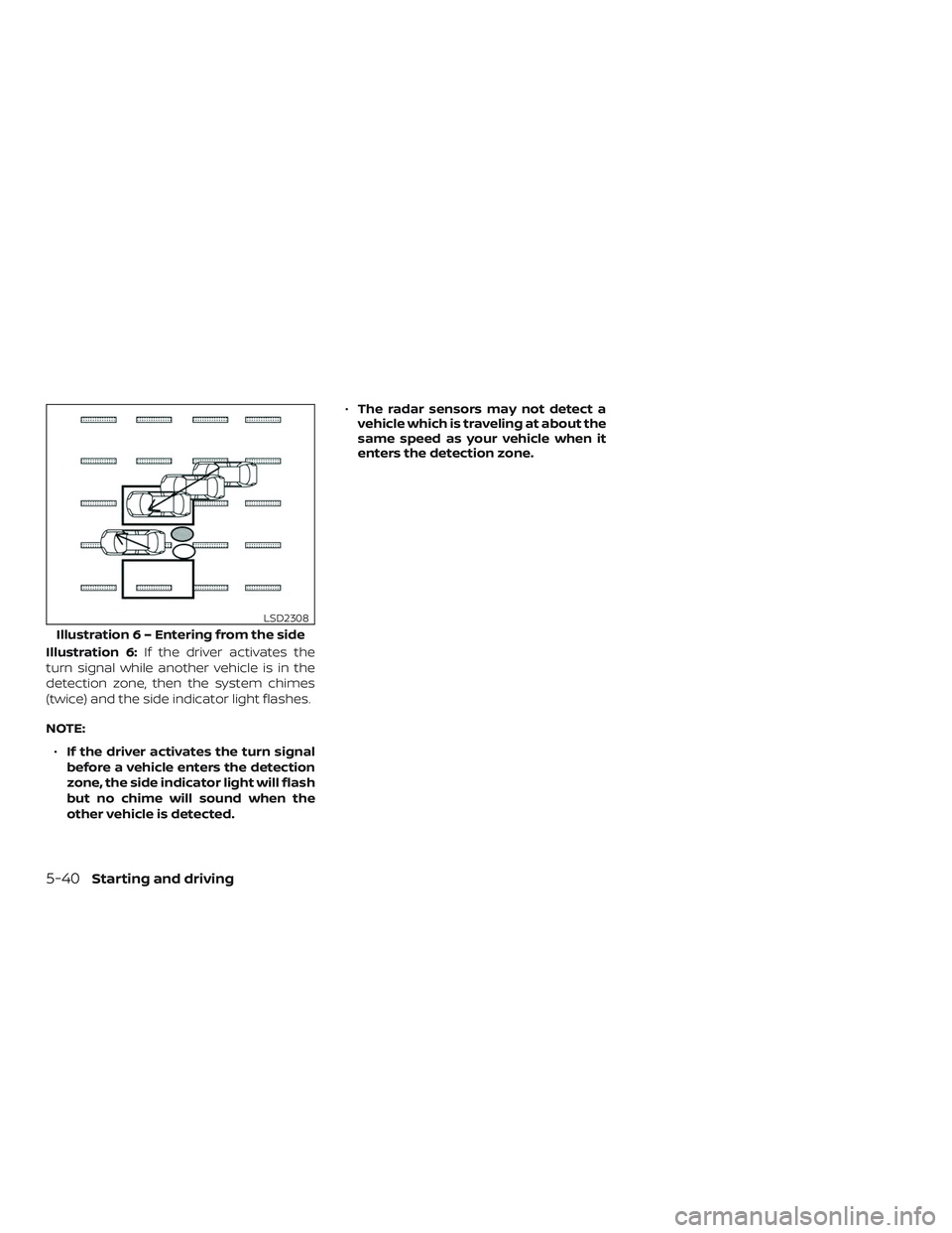 NISSAN VERSA NOTE 2020  Owner´s Manual Illustration 6:If the driver activates the
turn signal while another vehicle is in the
detection zone, then the system chimes
(twice) and the side indicator light flashes.
NOTE:
∙ If the driver acti