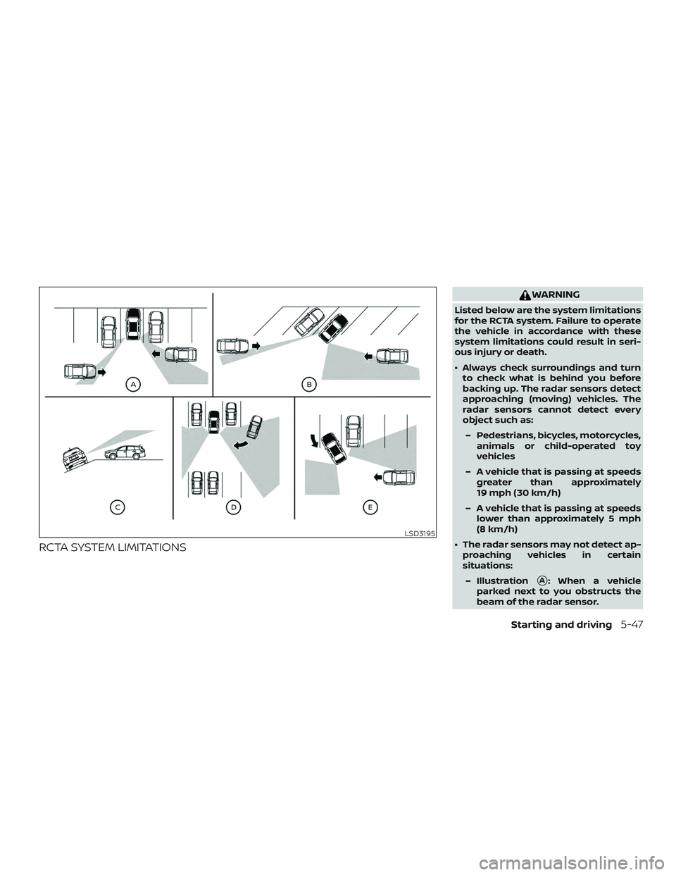 NISSAN VERSA NOTE 2020  Owner´s Manual RCTA SYSTEM LIMITATIONS
WARNING
Listed below are the system limitations
for the RCTA system. Failure to operate
the vehicle in accordance with these
system limitations could result in seri-
ous injury