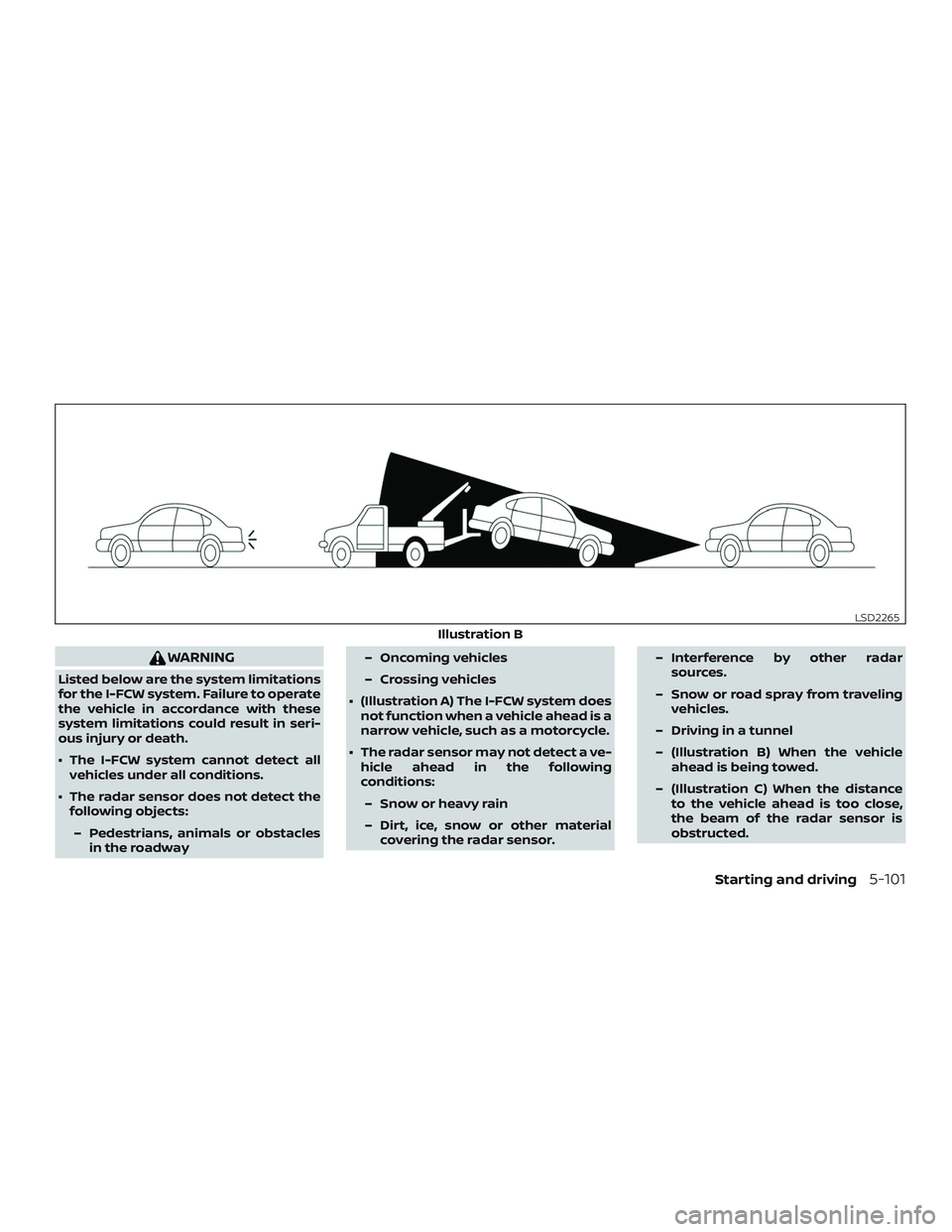 NISSAN VERSA NOTE 2020  Owner´s Manual WARNING
Listed below are the system limitations
for the I-FCW system. Failure to operate
the vehicle in accordance with these
system limitations could result in seri-
ous injury or death.
∙ The I-FC