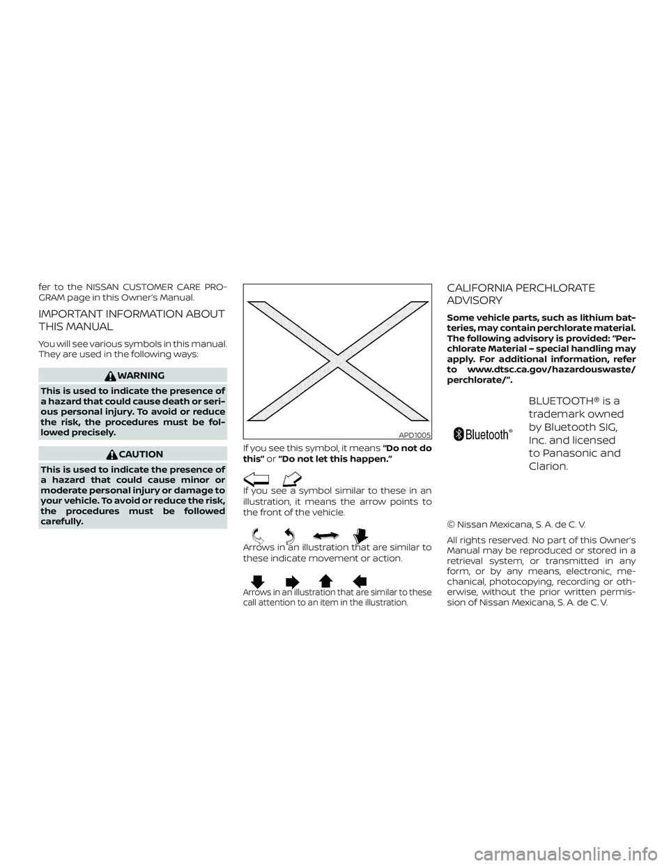 NISSAN VERSA SEDAN 2020  Owner´s Manual fer to the NISSAN CUSTOMER CARE PRO-
GRAM page in this Owner’s Manual.
IMPORTANT INFORMATION ABOUT
THIS MANUAL
You will see various symbols in this manual.
They are used in the following ways:
WARNI