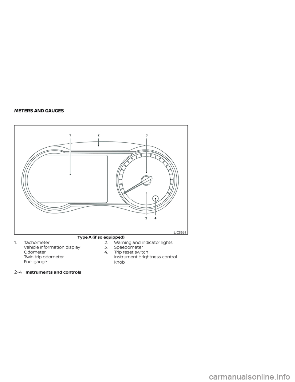 NISSAN VERSA NOTE 2020  Owner´s Manual 1. TachometerVehicle information display
Odometer
Twin trip odometer
Fuel gauge 2. Warning and indicator lights
3. Speedometer
4. Trip reset switch
Instrument brightness control
knob
Type A (if so equ