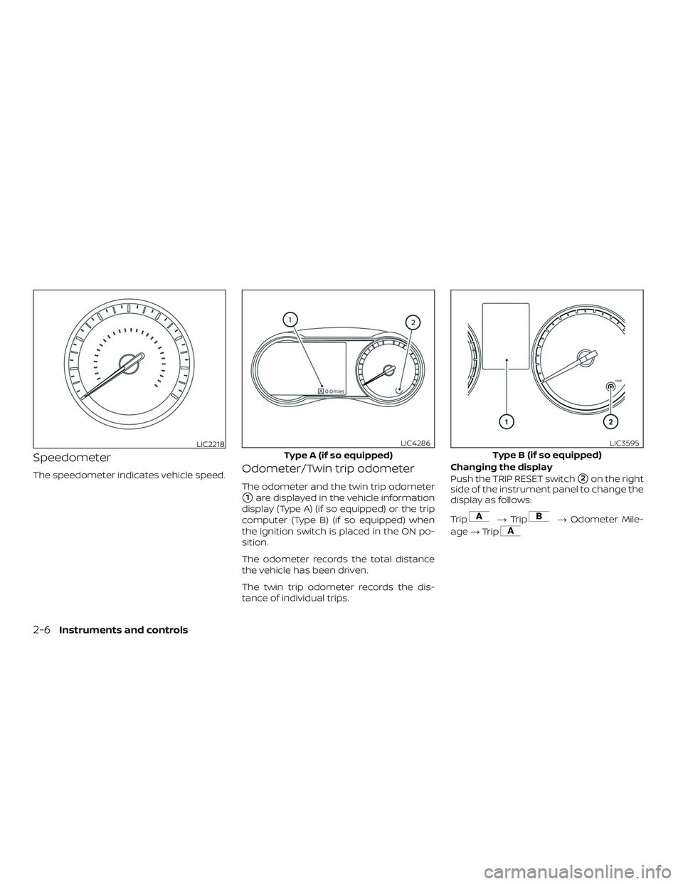 NISSAN VERSA NOTE 2020  Owner´s Manual Speedometer
The speedometer indicates vehicle speed.Odometer/Twin trip odometer
The odometer and the twin trip odometer
1are displayed in the vehicle information
display (Type A) (if so equipped) or 