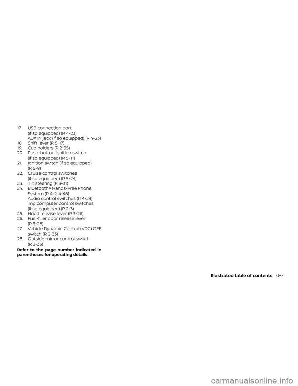 NISSAN VERSA NOTE 2019 Owner´s Manual 17. USB connection port(if so equipped) (P. 4-23)
AUX IN jack (if so equipped) (P. 4-23)
18. Shif t lever (P. 5-17)
19. Cup holders (P. 2-35)
20. Push-button ignition switch
(if so equipped) (P. 5-11) NISSAN VERSA NOTE 2019 Owner´s Manual 17. USB connection port(if so equipped) (P. 4-23)
AUX IN jack (if so equipped) (P. 4-23)
18. Shif t lever (P. 5-17)
19. Cup holders (P. 2-35)
20. Push-button ignition switch
(if so equipped) (P. 5-11)