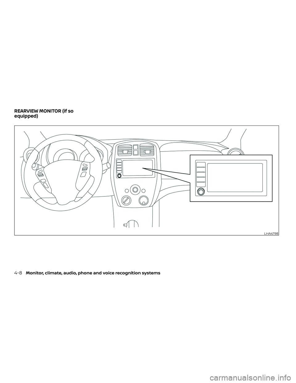 NISSAN VERSA NOTE 2019  Owner´s Manual LHA4798
REARVIEW MONITOR (if so
equipped)
4-8Monitor, climate, audio, phone and voice recognition systems 