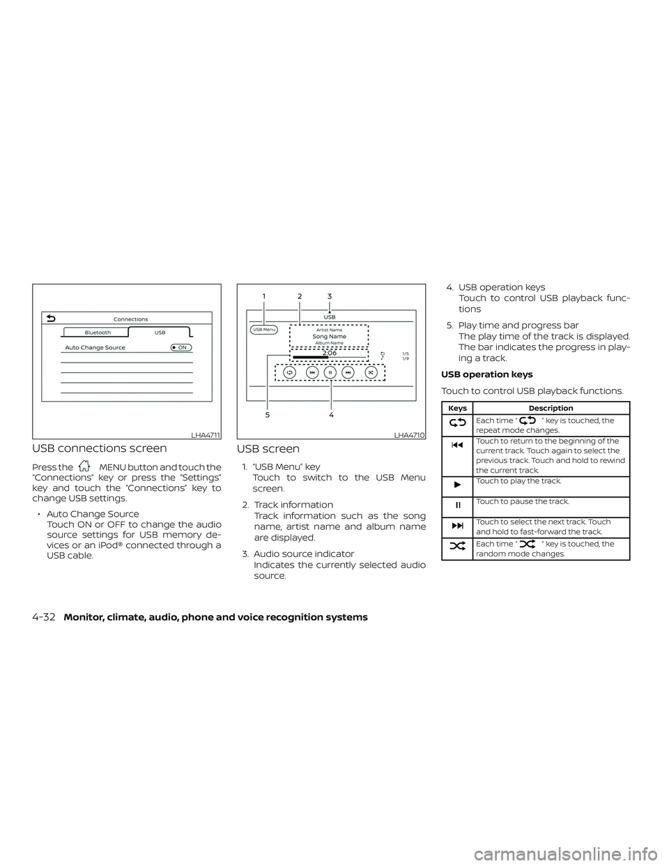 NISSAN VERSA NOTE 2019  Owner´s Manual USB connections screen
Press theMENU button and touch the
“Connections” key or press the “Settings”
key and touch the “Connections” key to
change USB settings.
∙ Auto Change Source Touch