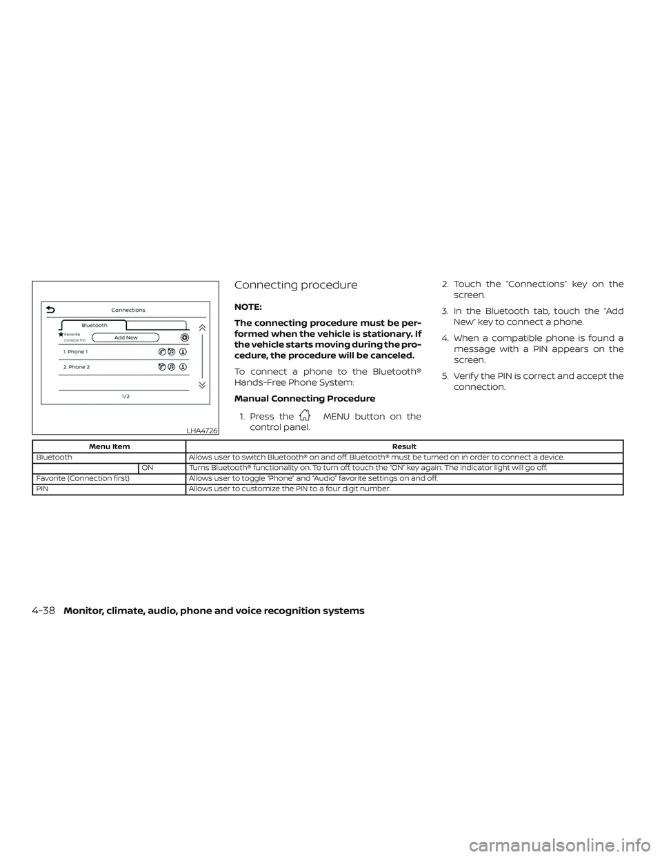 NISSAN VERSA NOTE 2019 Owner´s Manual Connecting procedure
NOTE:
The connecting procedure must be per-
formed when the vehicle is stationary. If
the vehicle starts moving during the pro-
cedure, the procedure will be canceled.
To connect NISSAN VERSA NOTE 2019 Owner´s Manual Connecting procedure
NOTE:
The connecting procedure must be per-
formed when the vehicle is stationary. If
the vehicle starts moving during the pro-
cedure, the procedure will be canceled.
To connect