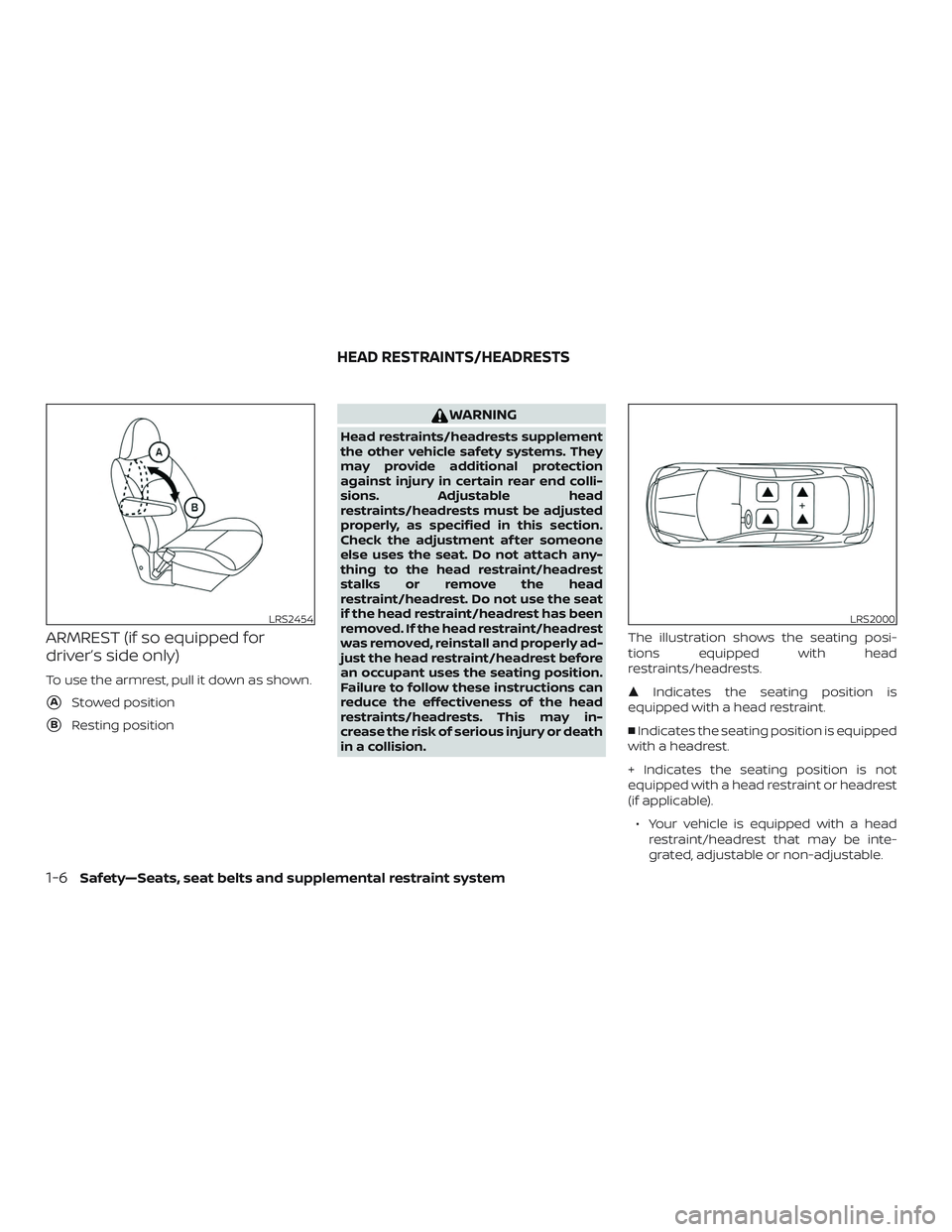 NISSAN VERSA NOTE 2019  Owner´s Manual ARMREST (if so equipped for
driver’s side only)
To use the armrest, pull it down as shown.
AStowed position
BResting position
WARNING
Head restraints/headrests supplement
the other vehicle safety 