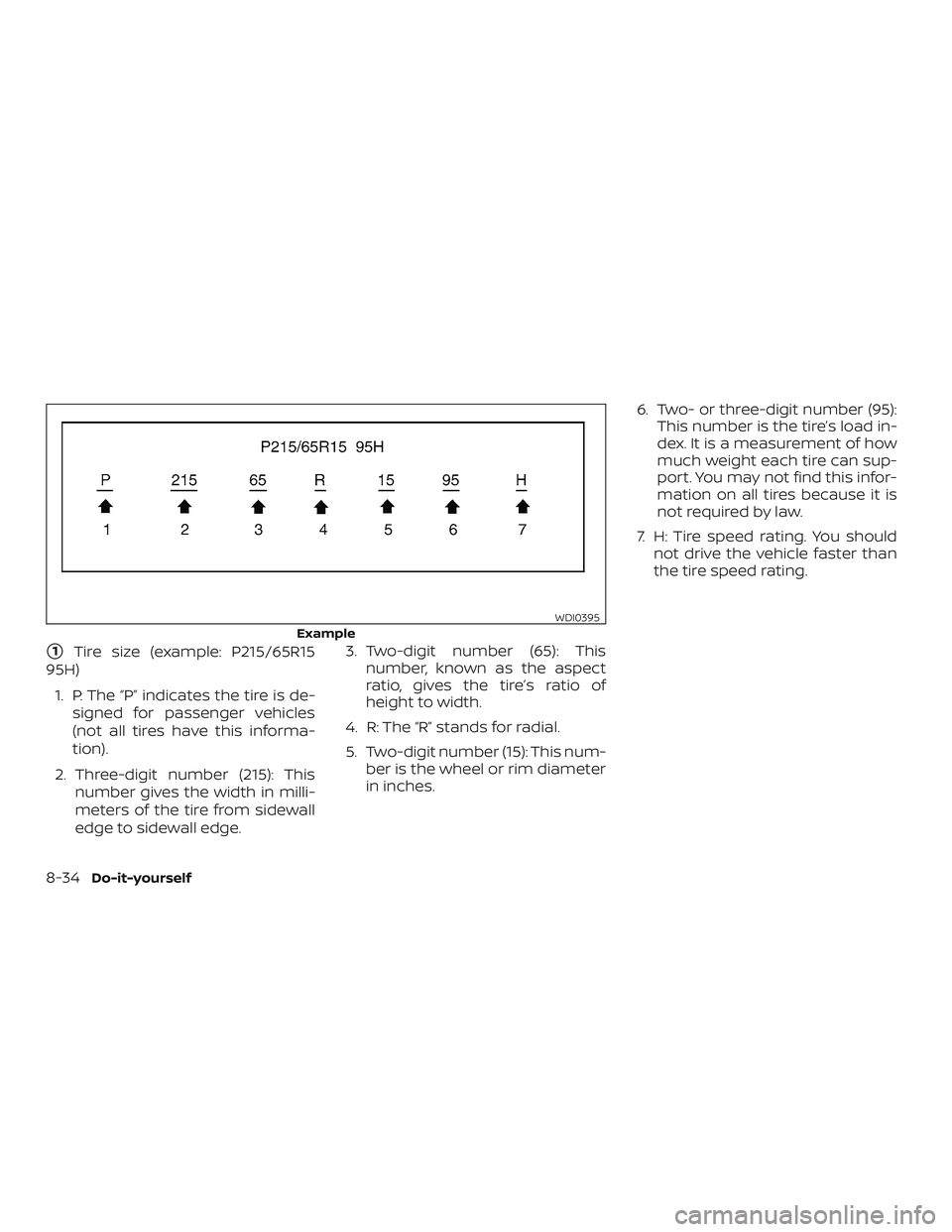 NISSAN VERSA NOTE 2019  Owner´s Manual 1Tire size (example: P215/65R15
95H)
1. P: The “P” indicates the tire is de- signed for passenger vehicles
(not all tires have this informa-
tion).
2. Three-digit number (215): This number gives 