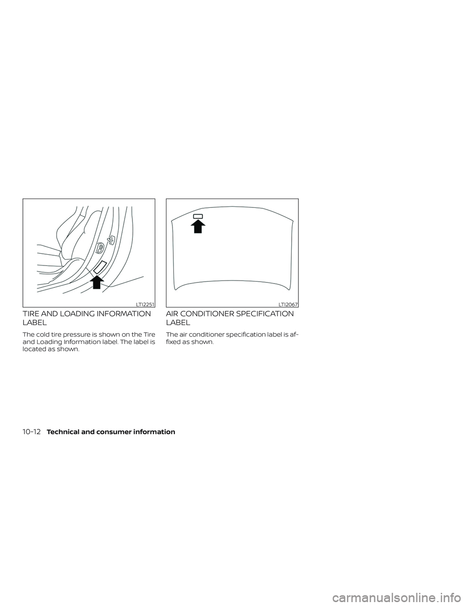 NISSAN VERSA NOTE 2019  Owner´s Manual TIRE AND LOADING INFORMATION
LABEL
The cold tire pressure is shown on the Tire
and Loading Information label. The label is
located as shown.
AIR CONDITIONER SPECIFICATION
LABEL
The air conditioner spe