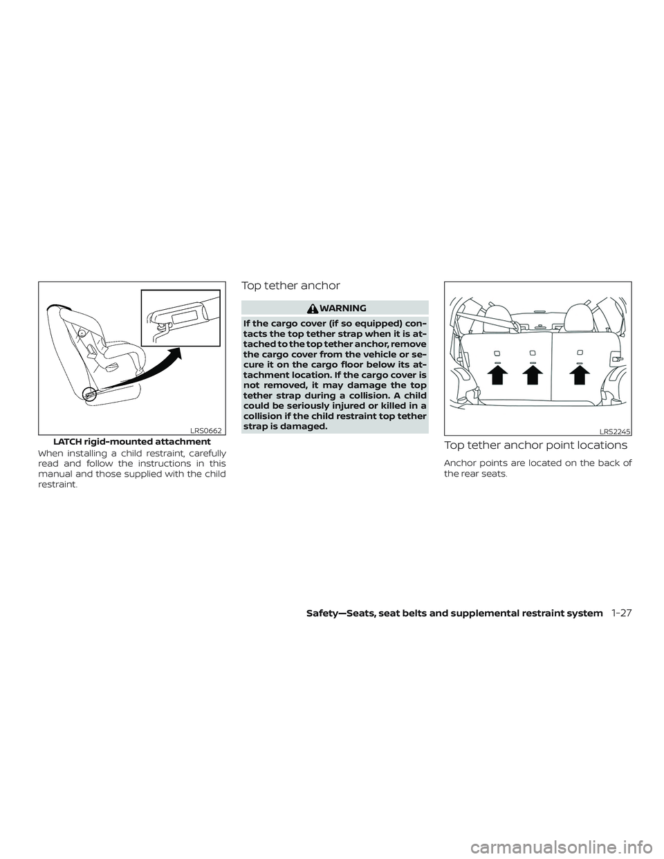 NISSAN VERSA NOTE 2019 Owner´s Manual When installing a child restraint, carefully
read and follow the instructions in this
manual and those supplied with the child
restraint.
Top tether anchor
WARNING
If the cargo cover (if so equipped) NISSAN VERSA NOTE 2019 Owner´s Manual When installing a child restraint, carefully
read and follow the instructions in this
manual and those supplied with the child
restraint.
Top tether anchor
WARNING
If the cargo cover (if so equipped)