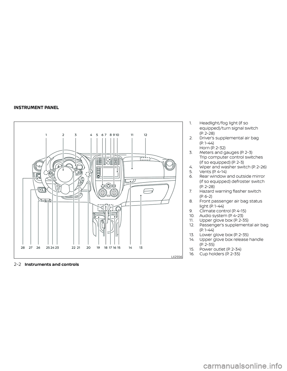 NISSAN VERSA NOTE 2019  Owner´s Manual 1. Headlight/fog light (if soequipped)/turn signal switch
(P. 2-28)
2. Driver’s supplemental air bag
(P. 1-44)
Horn (P. 2-32)
3. Meters and gauges (P. 2-3) Trip computer control switches
(if so equi