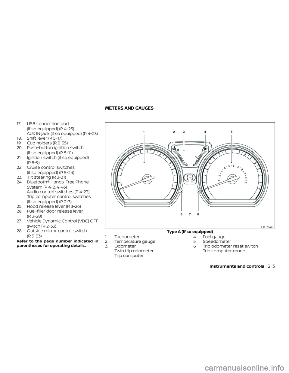 NISSAN VERSA NOTE 2019  Owner´s Manual 17. USB connection port(if so equipped) (P. 4-23)
AUX IN jack (if so equipped) (P. 4-23)
18. Shif t lever (P. 5-17)
19. Cup holders (P. 2-35)
20. Push-button ignition switch
(if so equipped) (P. 5-11)