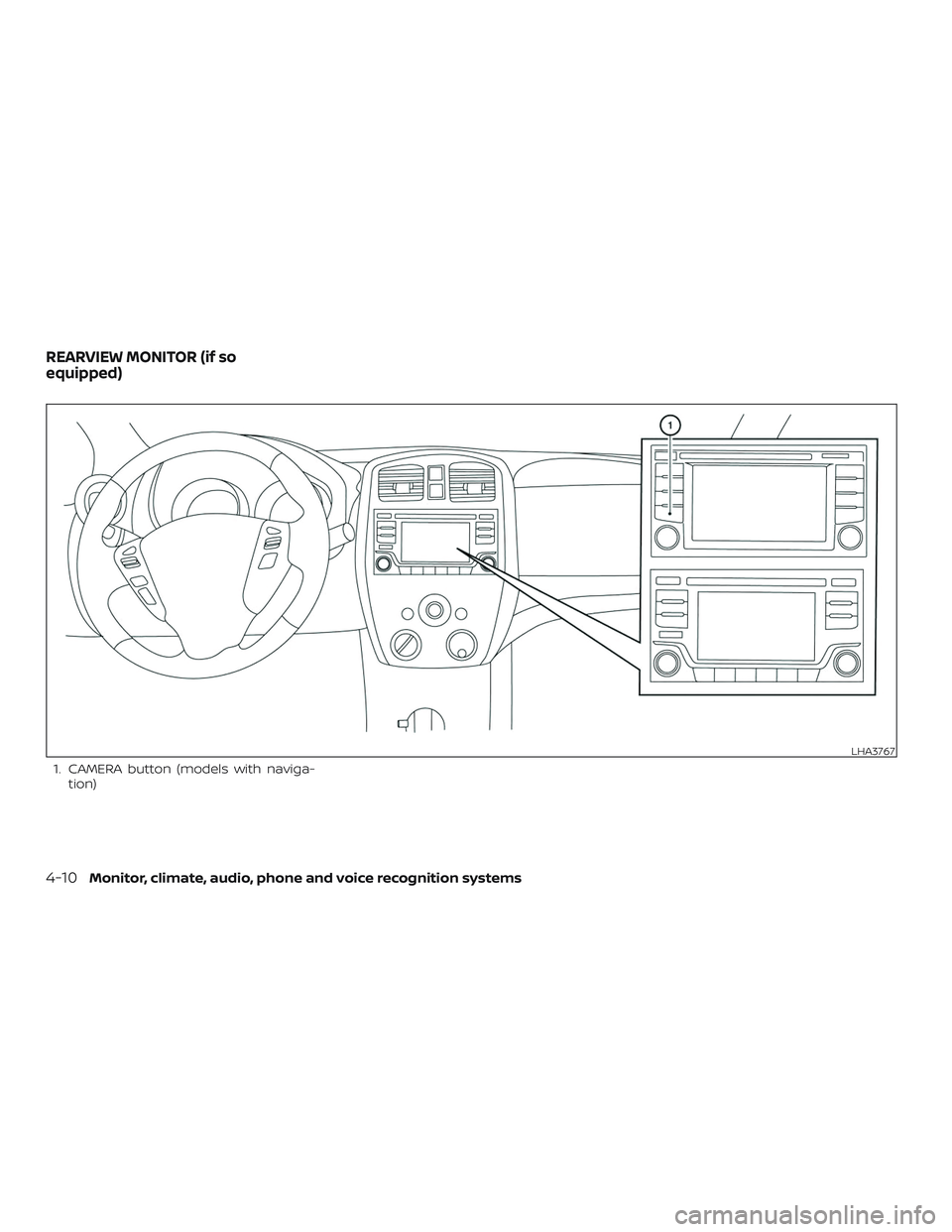 NISSAN VERSA NOTE 2018  Owner´s Manual 1. CAMERA button (models with naviga-tion)
LHA3767
REARVIEW MONITOR (if so
equipped)
4-10Monitor, climate, audio, phone and voice recognition systems 