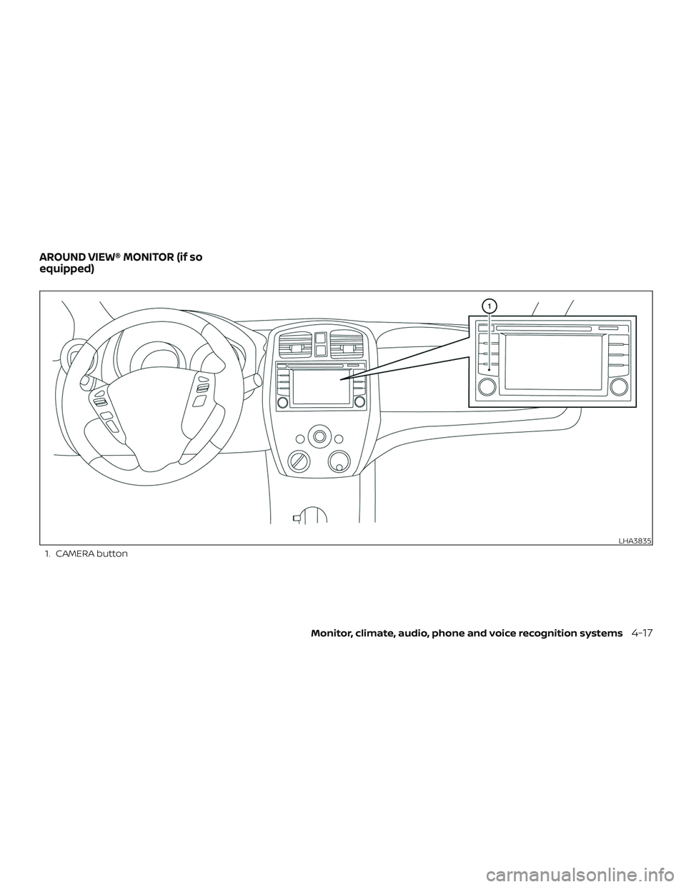 NISSAN VERSA NOTE 2018  Owner´s Manual 1. CAMERA button
LHA3835
AROUND VIEW® MONITOR (if so
equipped)
Monitor, climate, audio, phone and voice recognition systems4-17 