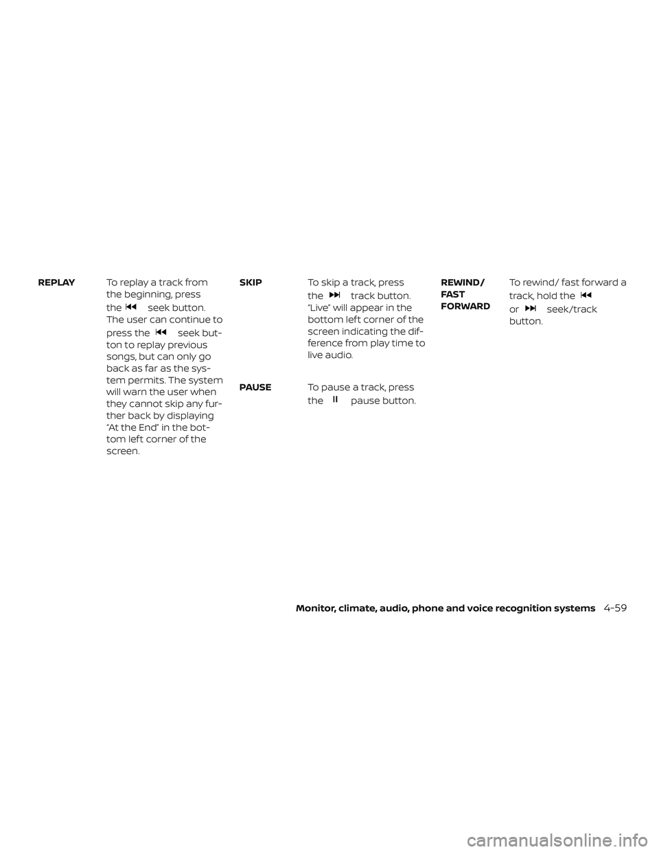 NISSAN VERSA NOTE 2018 Owner´s Manual REPLAYTo replay a track from
the beginning, press
the
seek button.
The user can continue to
press the
seek but-
ton to replay previous
songs, but can only go
back as far as the sys-
tem permits. The s NISSAN VERSA NOTE 2018 Owner´s Manual REPLAYTo replay a track from
the beginning, press
the
seek button.
The user can continue to
press the
seek but-
ton to replay previous
songs, but can only go
back as far as the sys-
tem permits. The s