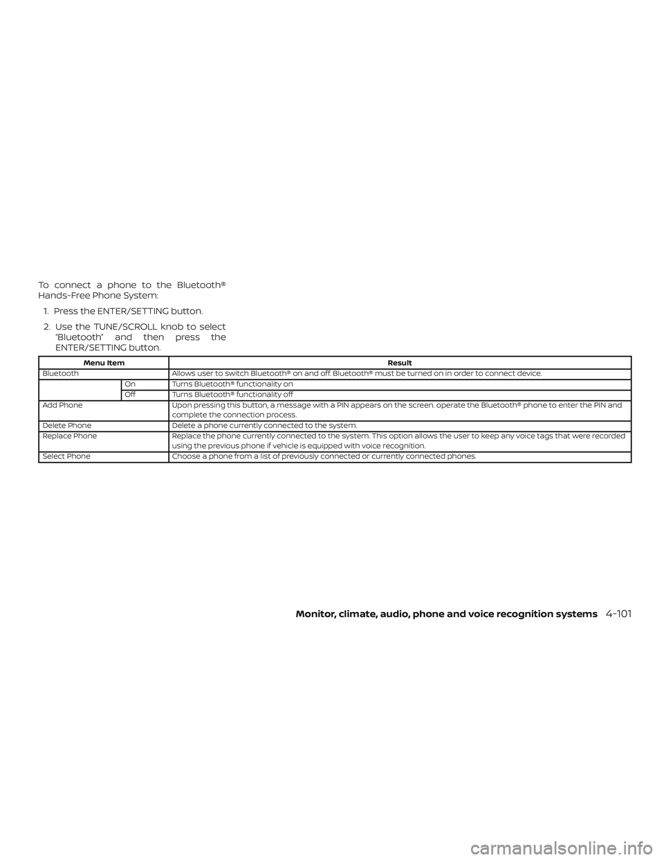 NISSAN VERSA NOTE 2018 Owner´s Manual To connect a phone to the Bluetooth®
Hands-Free Phone System:1. Press the ENTER/SETTING button.
2. Use the TUNE/SCROLL knob to select “Bluetooth” and then press the
ENTER/SETTING button.
Menu Ite NISSAN VERSA NOTE 2018 Owner´s Manual To connect a phone to the Bluetooth®
Hands-Free Phone System:1. Press the ENTER/SETTING button.
2. Use the TUNE/SCROLL knob to select “Bluetooth” and then press the
ENTER/SETTING button.
Menu Ite