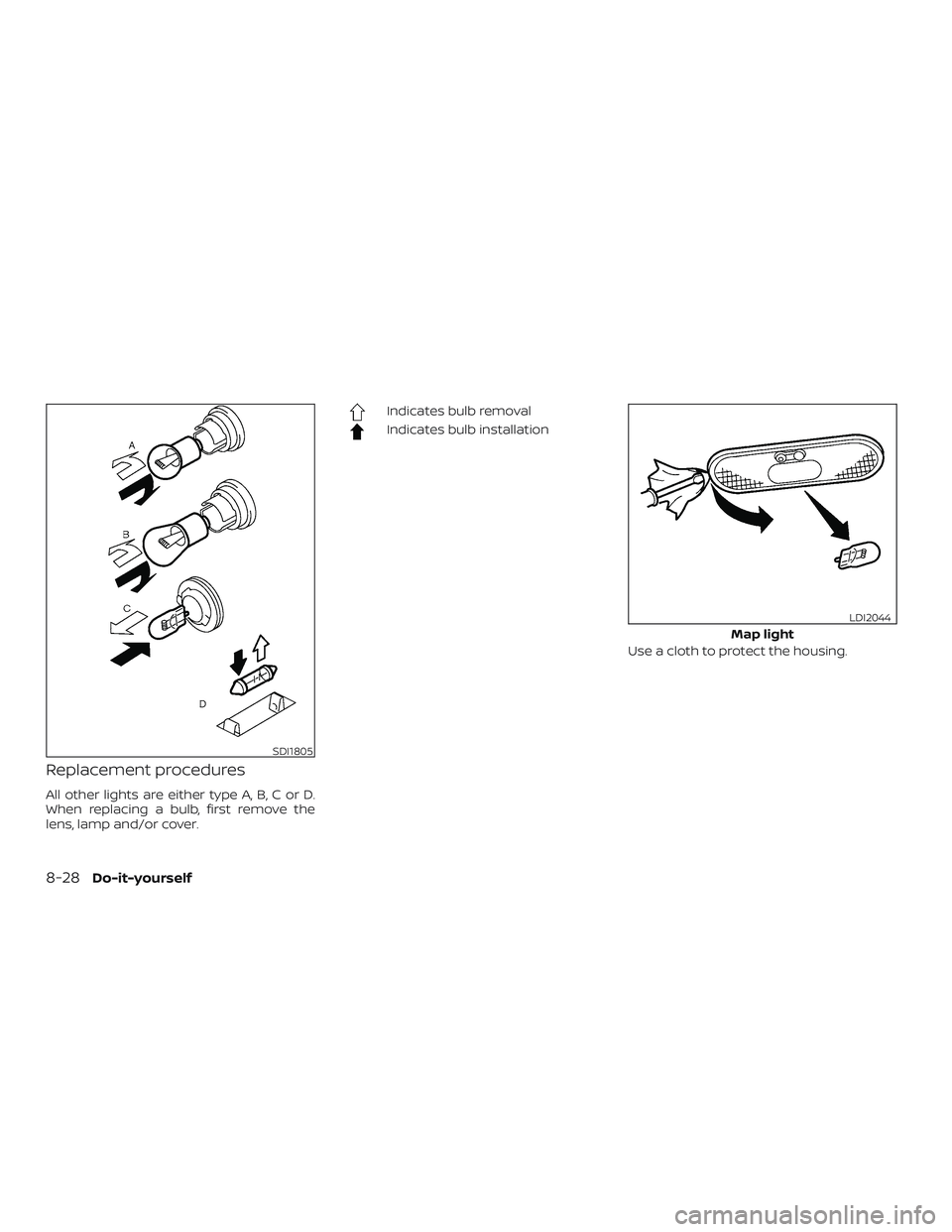 NISSAN VERSA NOTE 2018  Owner´s Manual Replacement procedures
All other lights are either type A, B, C or D.
When replacing a bulb, first remove the
lens, lamp and/or cover.
Indicates bulb removal
Indicates bulb installationUse a cloth to 