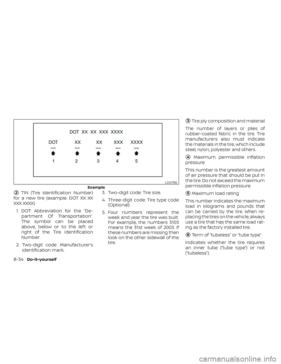 NISSAN VERSA NOTE 2018  Owner´s Manual 2TIN (Tire Identification Number)
for a new tire (example: DOT XX XX
XXX XXXX)
1. DOT: Abbreviation for the “De- partment Of Transportation”.
The symbol can be placed
above, below or to the lef t