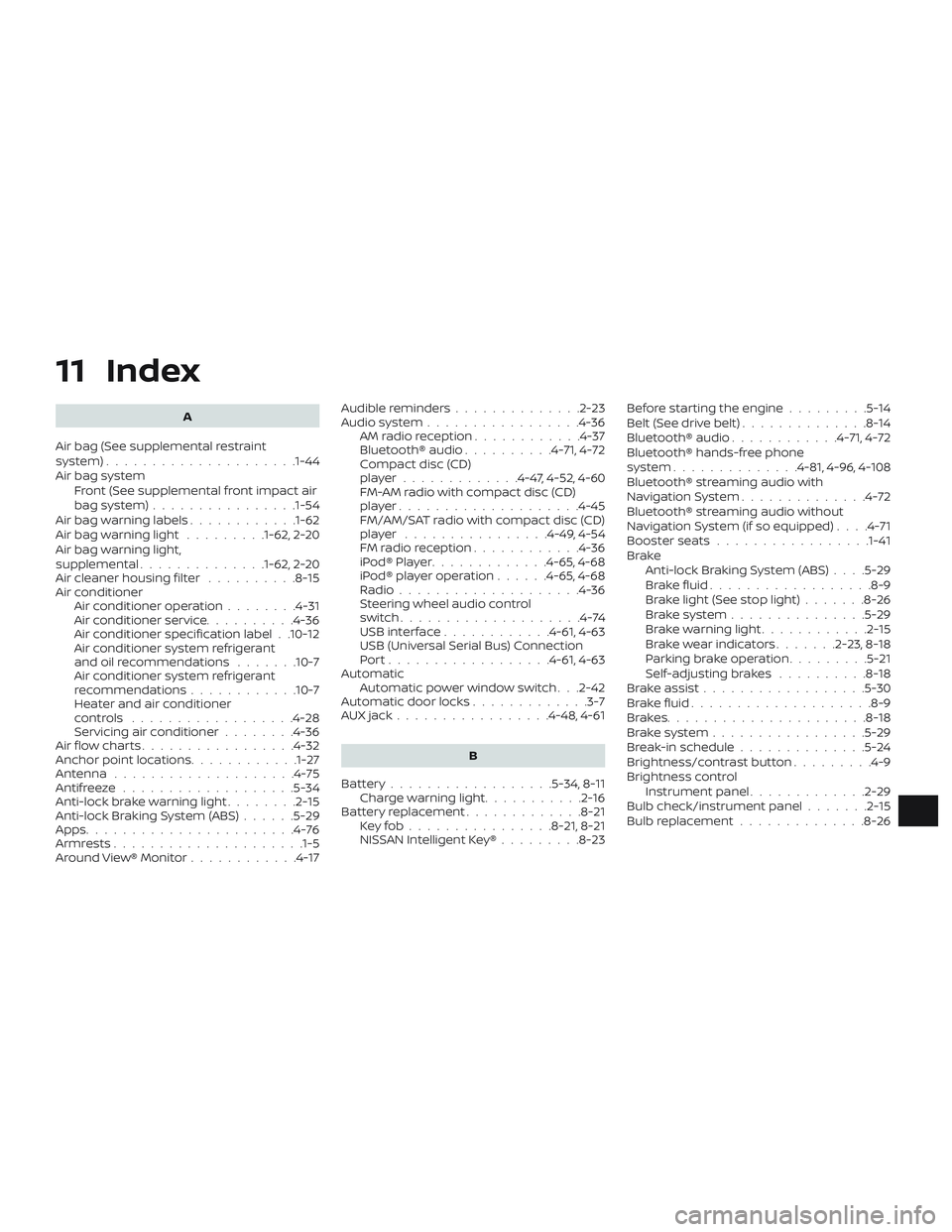 NISSAN VERSA NOTE 2018 Owner´s Manual 11 Index
A
Air bag (See supplemental restraint
system) .................... .1-44
Air bag system Front (See supplemental front impact air
bagsystem)............... .1-54
Air bag warning labels ....... NISSAN VERSA NOTE 2018 Owner´s Manual 11 Index
A
Air bag (See supplemental restraint
system) .................... .1-44
Air bag system Front (See supplemental front impact air
bagsystem)............... .1-54
Air bag warning labels .......