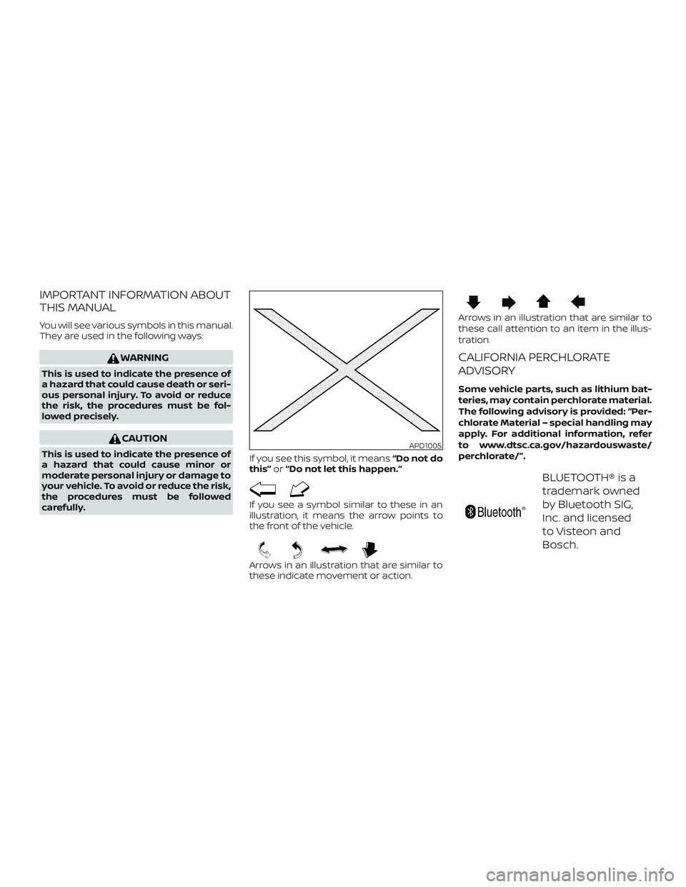NISSAN VERSA NOTE 2018 Owner´s Manual IMPORTANT INFORMATION ABOUT
THIS MANUAL
You will see various symbols in this manual.
They are used in the following ways:
WARNING
This is used to indicate the presence of
a hazard that could cause dea NISSAN VERSA NOTE 2018 Owner´s Manual IMPORTANT INFORMATION ABOUT
THIS MANUAL
You will see various symbols in this manual.
They are used in the following ways:
WARNING
This is used to indicate the presence of
a hazard that could cause dea
