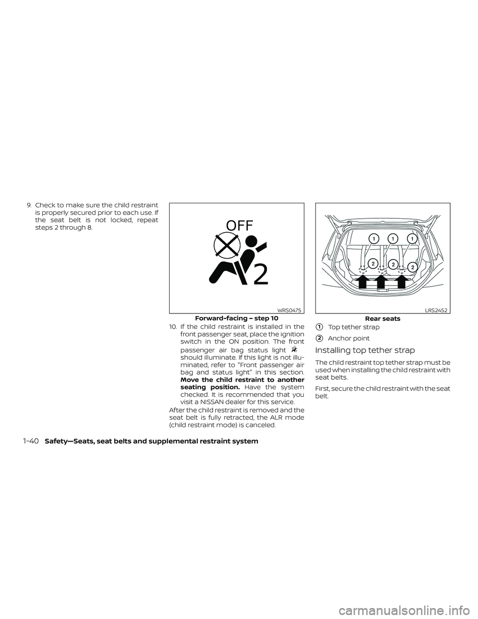 NISSAN VERSA NOTE 2018 Owner´s Manual 9. Check to make sure the child restraintis properly secured prior to each use. If
the seat belt is not locked, repeat
steps 2 through 8.
10. If the child restraint is installed in thefront passenger NISSAN VERSA NOTE 2018 Owner´s Manual 9. Check to make sure the child restraintis properly secured prior to each use. If
the seat belt is not locked, repeat
steps 2 through 8.
10. If the child restraint is installed in thefront passenger