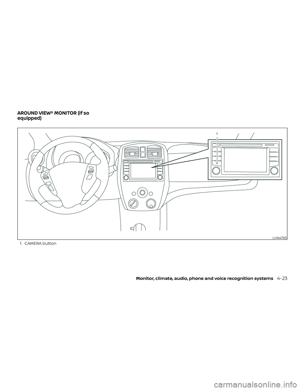 NISSAN VERSA NOTE 2018  Owner´s Manual 1. CAMERA button
LHA4763
AROUND VIEW® MONITOR (if so
equipped)
Monitor, climate, audio, phone and voice recognition systems4-23 