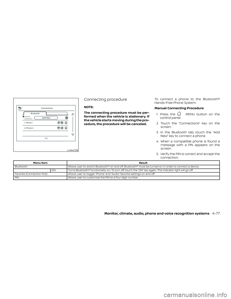 NISSAN VERSA NOTE 2018 Owner´s Manual Connecting procedure
NOTE:
The connecting procedure must be per-
formed when the vehicle is stationary. If
the vehicle starts moving during the pro-
cedure, the procedure will be canceled.To connect a NISSAN VERSA NOTE 2018 Owner´s Manual Connecting procedure
NOTE:
The connecting procedure must be per-
formed when the vehicle is stationary. If
the vehicle starts moving during the pro-
cedure, the procedure will be canceled.To connect a