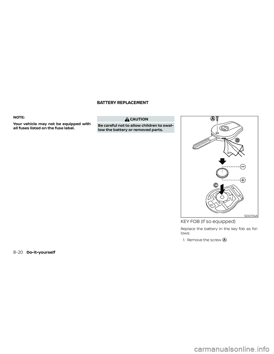 NISSAN VERSA NOTE 2018  Owner´s Manual NOTE:
Your vehicle may not be equipped with
all fuses listed on the fuse label.CAUTION
Be careful not to allow children to swal-
low the battery or removed parts.
KEY FOB (if so equipped)
Replace the 