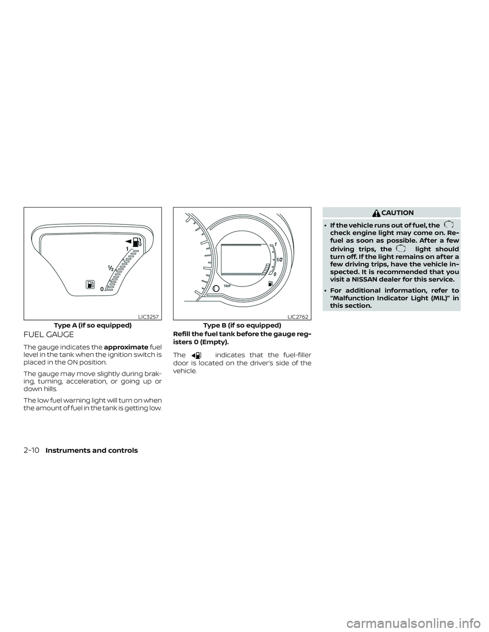 NISSAN VERSA NOTE 2018  Owner´s Manual FUEL GAUGE
The gauge indicates theapproximatefuel
level in the tank when the ignition switch is
placed in the ON position.
The gauge may move slightly during brak-
ing, turning, acceleration, or going