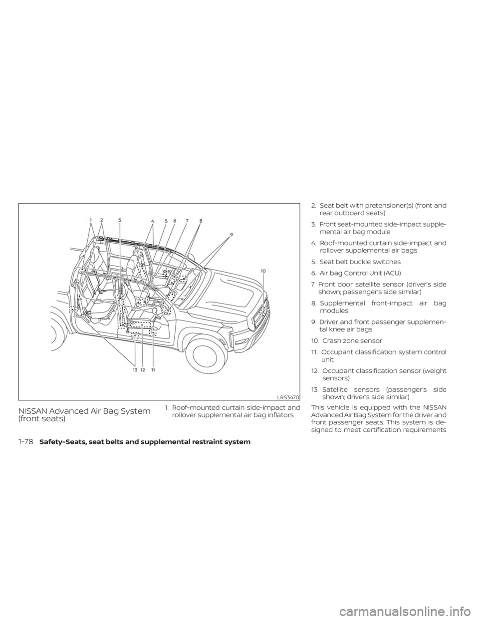 NISSAN FRONTIER 2022 Owner´s Manual NISSAN Advanced Air Bag System
(front seats)1. Roof-mounted curtain side-impact androllover supplemental air bag inflators 2. Seat belt with pretensioner(s) (front and
rear outboard seats)
3.
Front se NISSAN FRONTIER 2022 Owner´s Manual NISSAN Advanced Air Bag System
(front seats)1. Roof-mounted curtain side-impact androllover supplemental air bag inflators 2. Seat belt with pretensioner(s) (front and
rear outboard seats)
3.
Front se