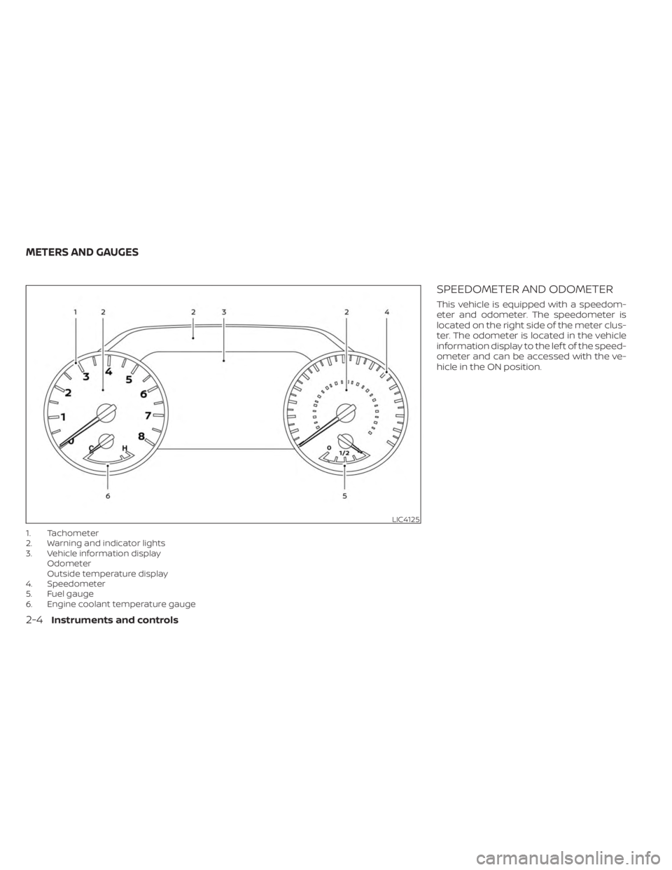 NISSAN FRONTIER 2022  Owner´s Manual 1. Tachometer
2. Warning and indicator lights
3. Vehicle information displayOdometer
Outside temperature display
4. Speedometer
5. Fuel gauge
6. Engine coolant temperature gauge
SPEEDOMETER AND ODOMET