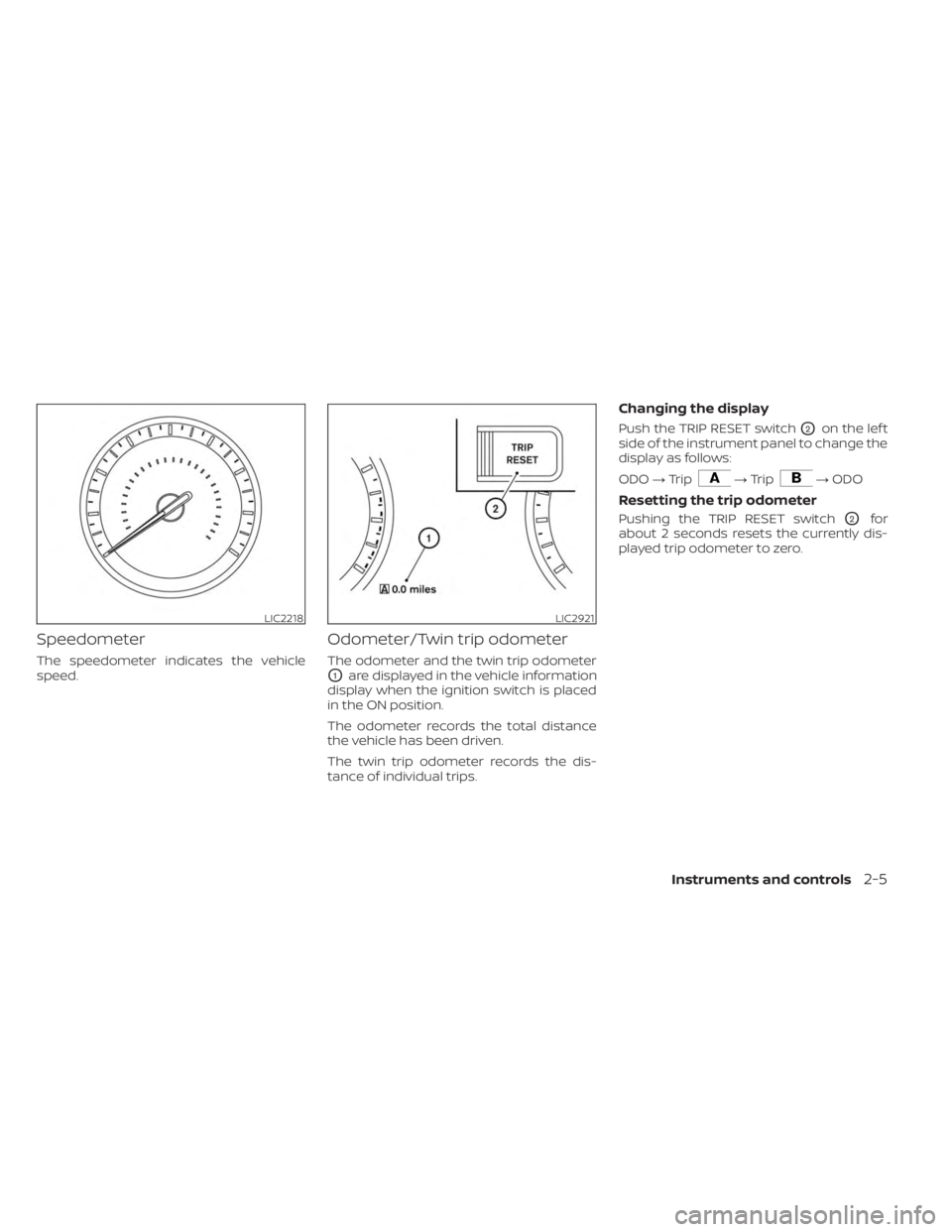 NISSAN FRONTIER 2022 Owner´s Manual Speedometer
The speedometer indicates the vehicle
speed.
Odometer/Twin trip odometer
The odometer and the twin trip odometer
O1are displayed in the vehicle information
display when the ignition switch NISSAN FRONTIER 2022 Owner´s Manual Speedometer
The speedometer indicates the vehicle
speed.
Odometer/Twin trip odometer
The odometer and the twin trip odometer
O1are displayed in the vehicle information
display when the ignition switch