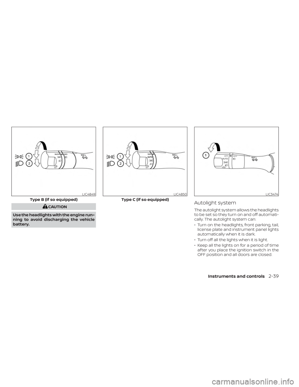 NISSAN FRONTIER 2022 Owner´s Manual CAUTION
Use the headlights with the engine run-
ning to avoid discharging the vehicle
battery.Autolight system
The autolight system allows the headlights
to be set so they turn on and off automati-
ca NISSAN FRONTIER 2022 Owner´s Manual CAUTION
Use the headlights with the engine run-
ning to avoid discharging the vehicle
battery.Autolight system
The autolight system allows the headlights
to be set so they turn on and off automati-
ca