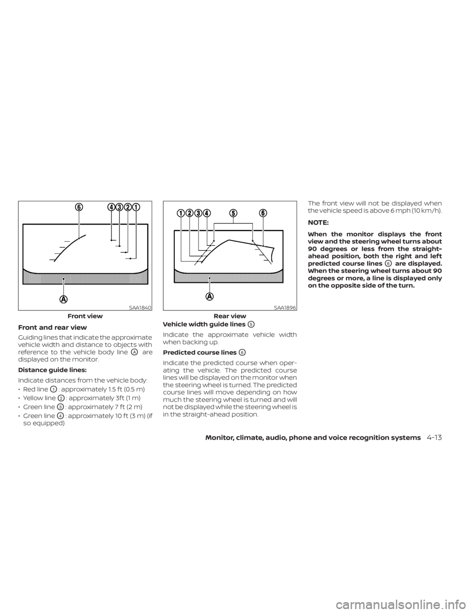 NISSAN FRONTIER 2022 Owner´s Manual Front and rear view
Guiding lines that indicate the approximate
vehicle width and distance to objects with
reference to the vehicle body line
OAare
displayed on the monitor.
Distance guide lines:
Indi NISSAN FRONTIER 2022 Owner´s Manual Front and rear view
Guiding lines that indicate the approximate
vehicle width and distance to objects with
reference to the vehicle body line
OAare
displayed on the monitor.
Distance guide lines:
Indi