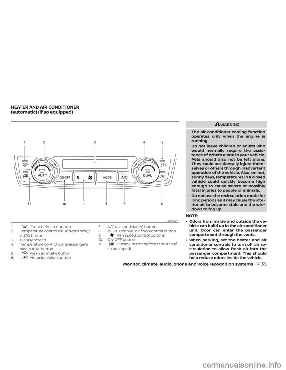 NISSAN FRONTIER 2022 Owner´s Manual 1.Front defroster button
2. Temperature control dial (driver’s side)/
AUTO button
3. Display screen
4. Temperature control dial (passenger’s
side)/DUAL button
5.
Fresh air intake button
6.Air reci NISSAN FRONTIER 2022 Owner´s Manual 1.Front defroster button
2. Temperature control dial (driver’s side)/
AUTO button
3. Display screen
4. Temperature control dial (passenger’s
side)/DUAL button
5.
Fresh air intake button
6.Air reci