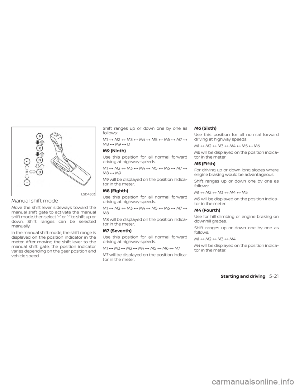 NISSAN FRONTIER 2022 Owner´s Manual Manual shif t mode
Move the shif t lever sideways toward the
manual shif t gate to activate the manual
shif t mode, then select “+” or “-” to shif t up or
down. Shif t ranges can be selected
m NISSAN FRONTIER 2022 Owner´s Manual Manual shif t mode
Move the shif t lever sideways toward the
manual shif t gate to activate the manual
shif t mode, then select “+” or “-” to shif t up or
down. Shif t ranges can be selected
m
